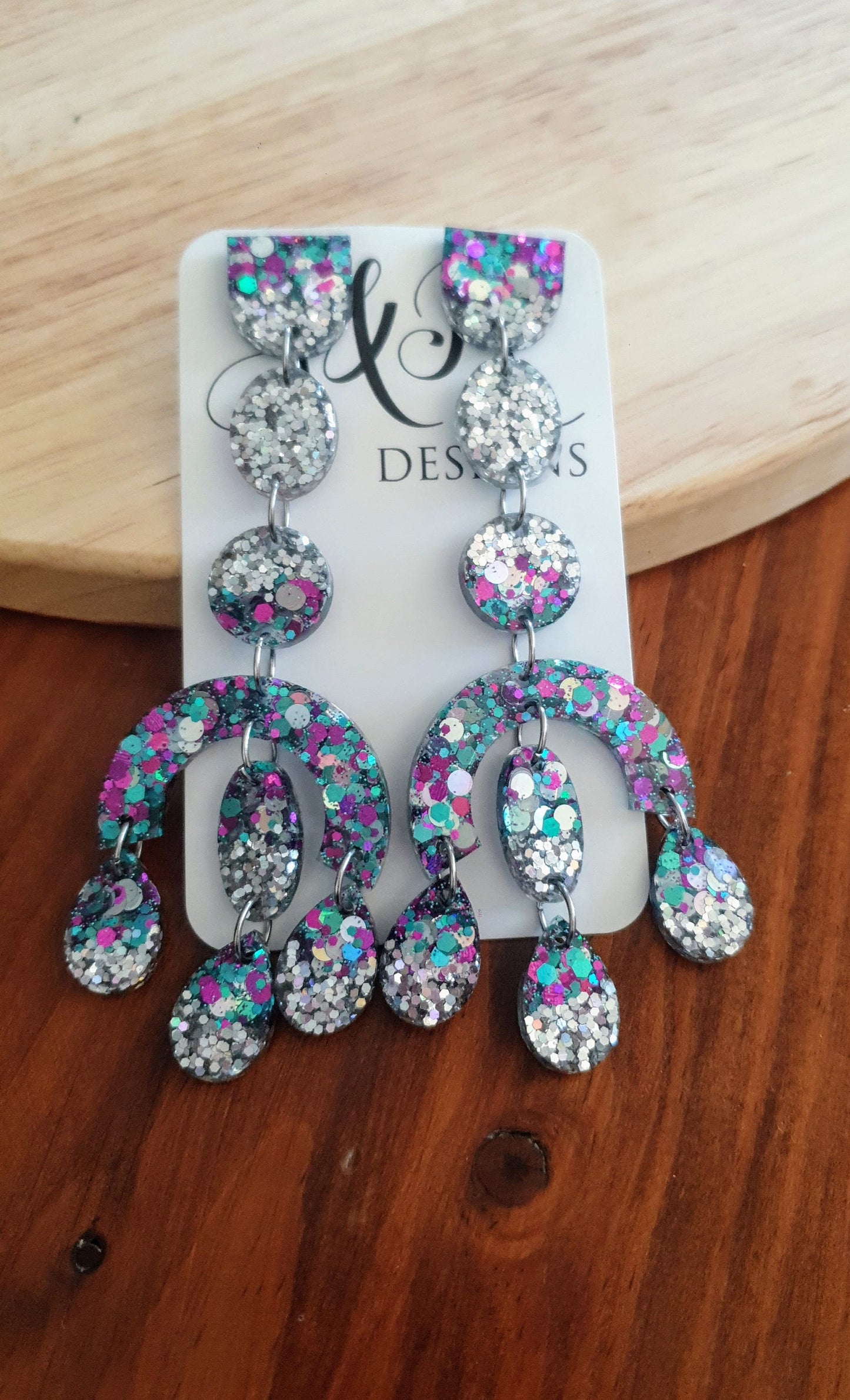 Chandelier Resin Dangles, Purple Teal Silver Large Oversized Extra Long Earrings, Purple Mix Glitter, Statement Earrings, Fashion Lover