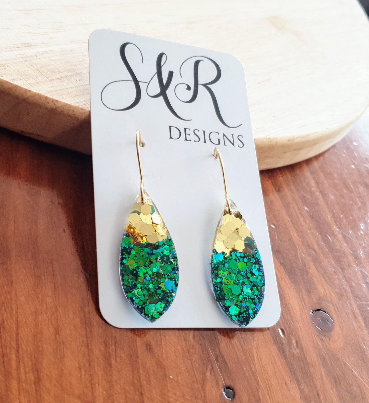 Teardrop Hook Earwire Dangle Gold Earrings, Emerald Green to Blue Chainging Colours eith Gold Glitter, Stainless Steel Statement Earrings.