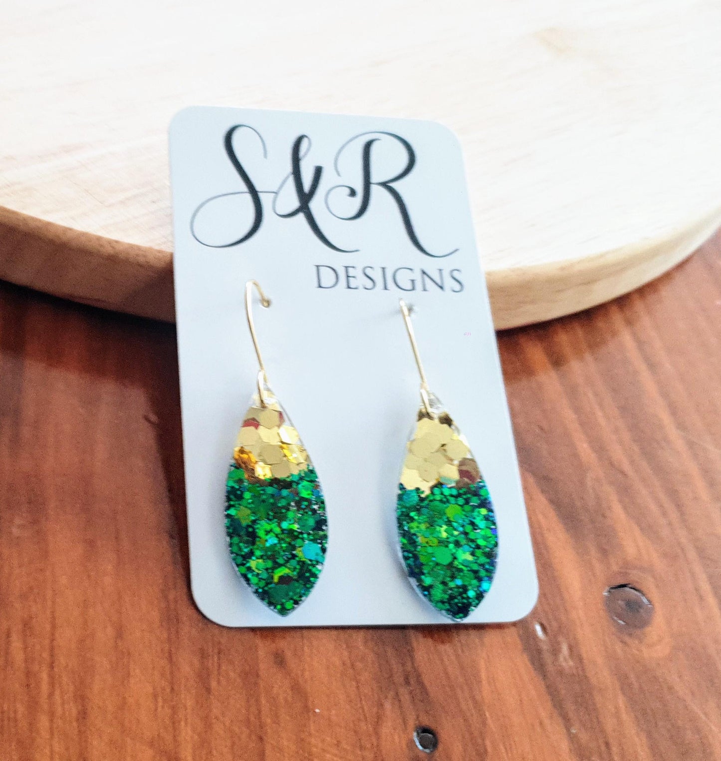 Teardrop Hook Earwire Dangle Gold Earrings, Emerald Green to Blue Chainging Colours eith Gold Glitter, Stainless Steel Statement Earrings.