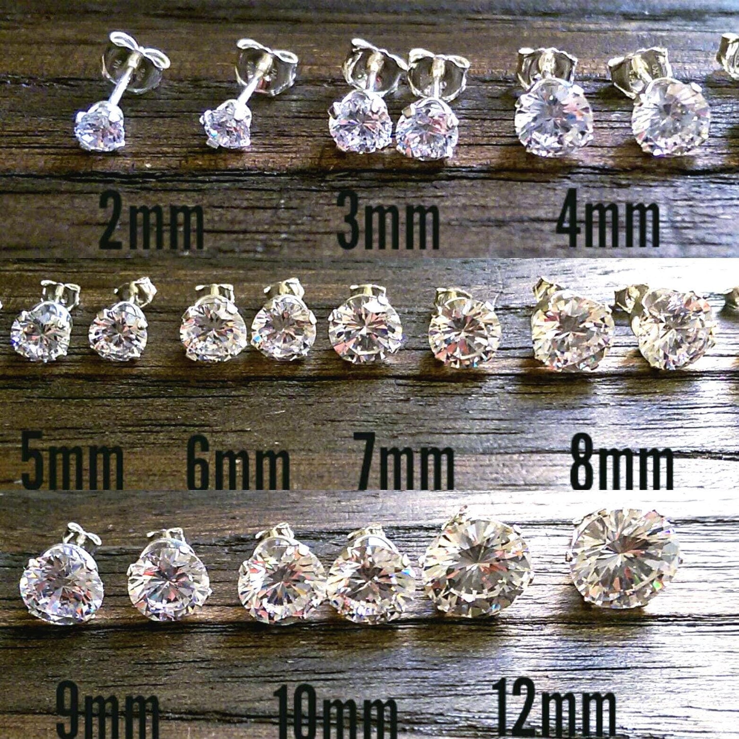 Sterling Silver CZ Stud Earrings, Cubic Zirconia Stud Earrings 2mm, 3mm, 4mm, 5mm, 6mm, 7mm, 8mm, 9mm, 10mm or 12mm, Sold as Pairs