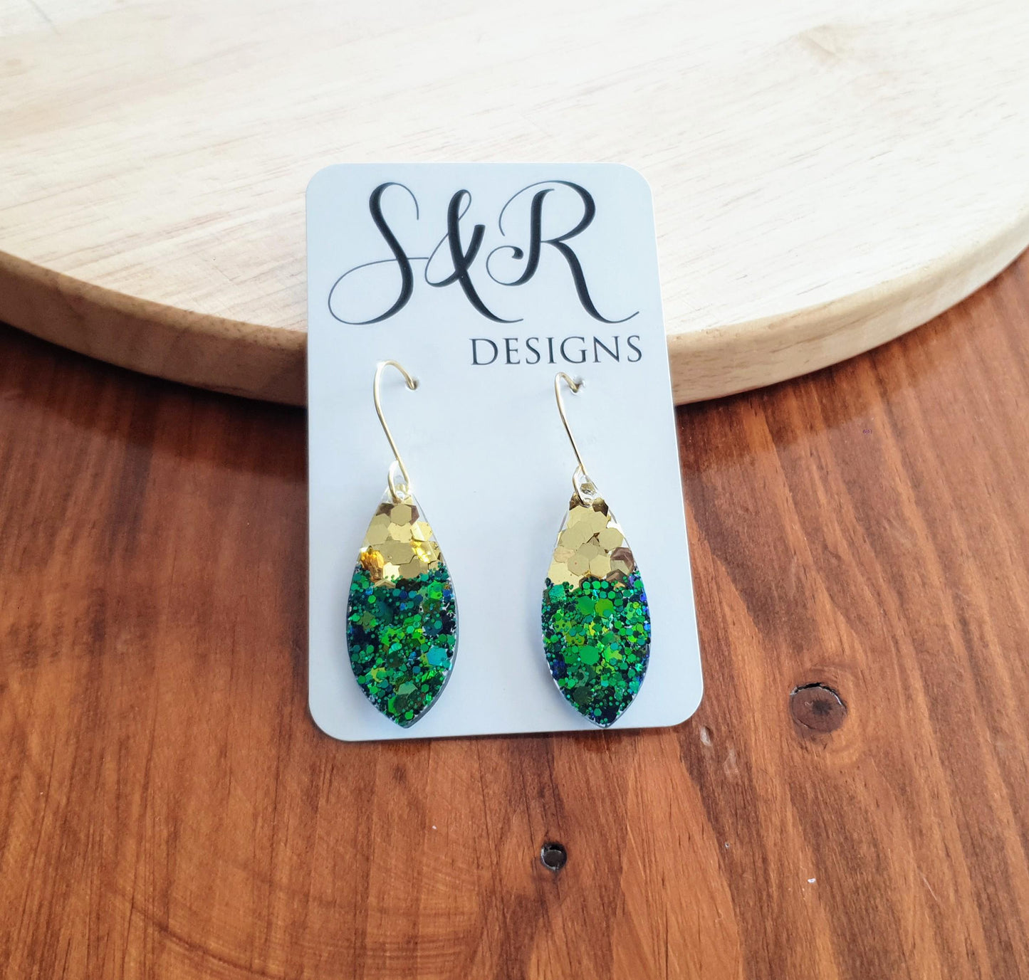 Teardrop Hook Earwire Dangle Gold Earrings, Emerald Green to Blue Chainging Colours eith Gold Glitter, Stainless Steel Statement Earrings.