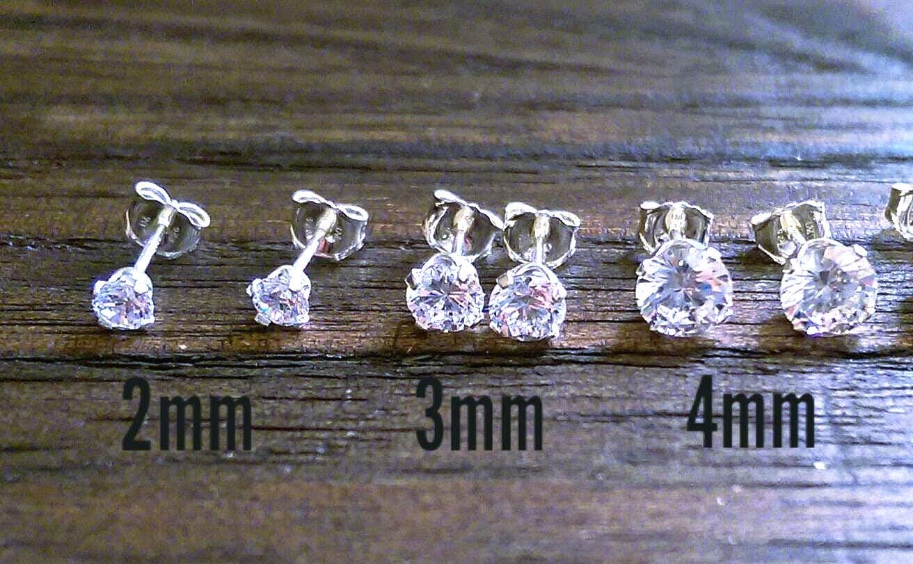 Sterling Silver CZ Stud Earrings, Cubic Zirconia Stud Earrings 2mm, 3mm, 4mm, 5mm, 6mm, 7mm, 8mm, 9mm, 10mm or 12mm, Sold as Pairs