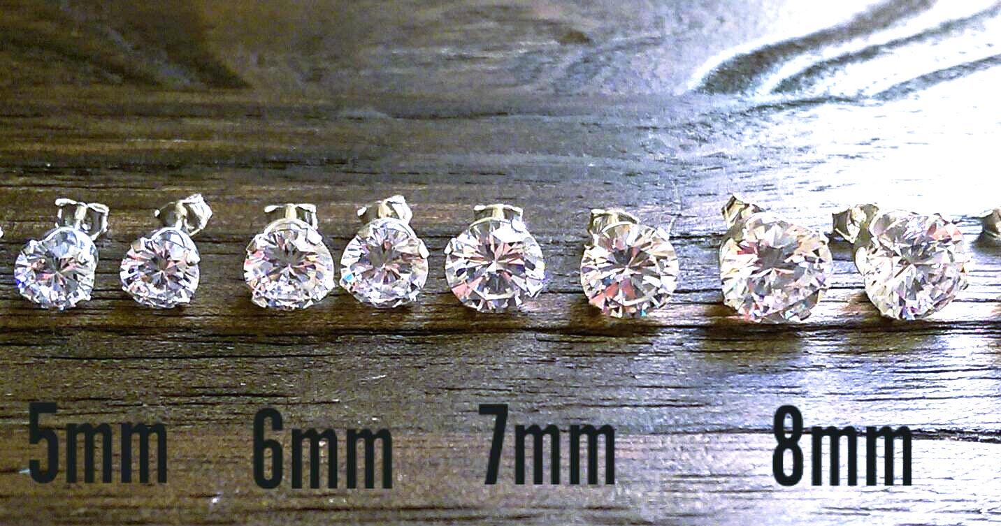 Sterling Silver CZ Stud Earrings, Cubic Zirconia Stud Earrings 2mm, 3mm, 4mm, 5mm, 6mm, 7mm, 8mm, 9mm, 10mm or 12mm, Sold as Pairs