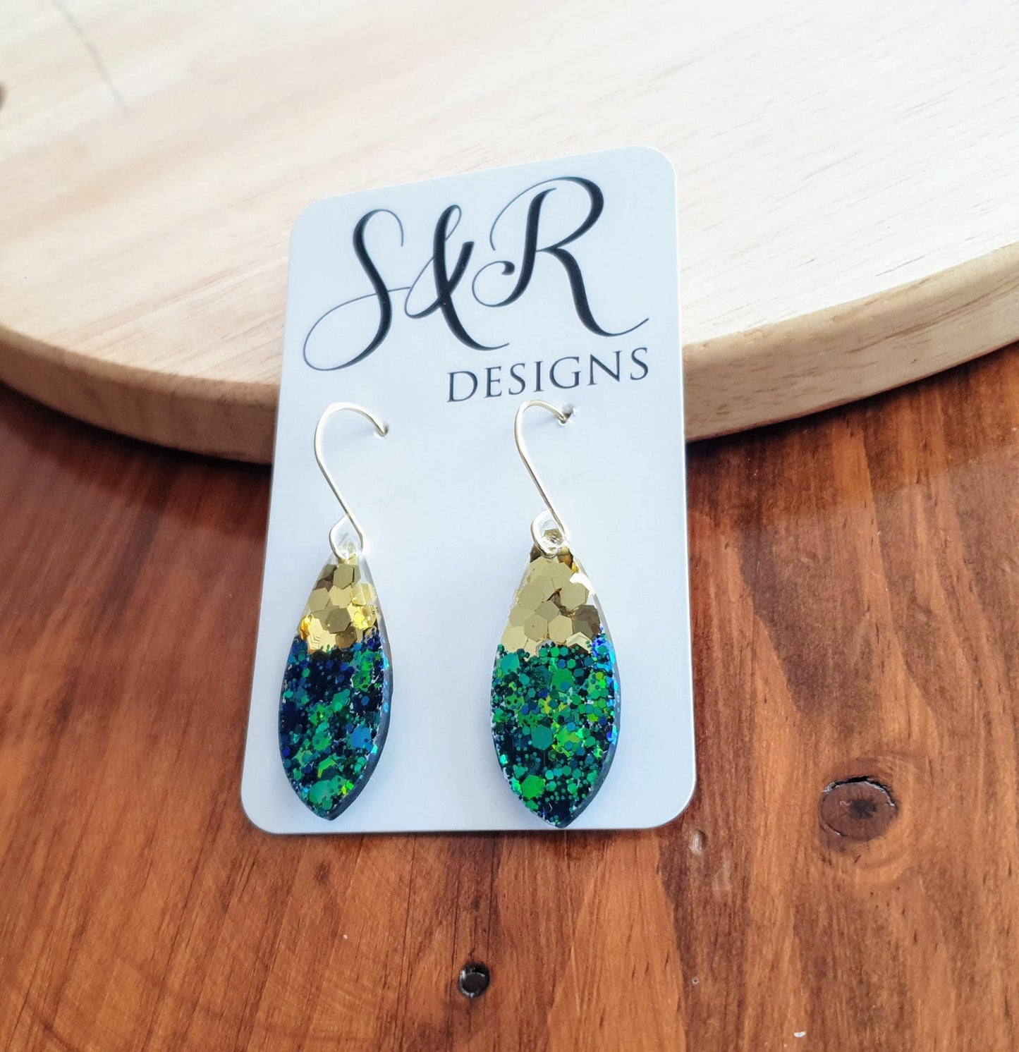 Teardrop Hook Earwire Dangle Gold Earrings, Emerald Green to Blue Chainging Colours eith Gold Glitter, Stainless Steel Statement Earrings.