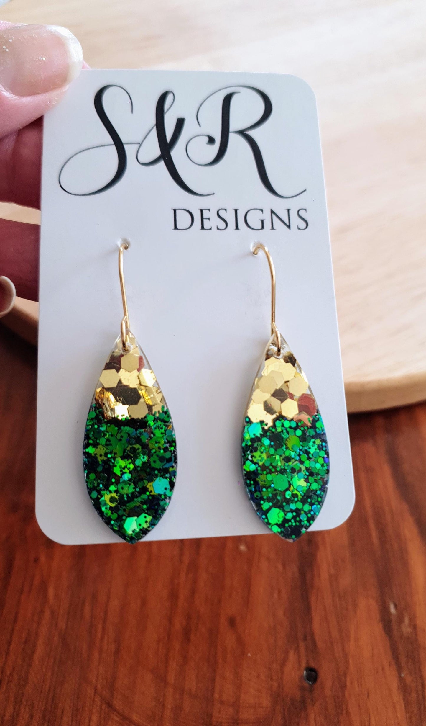 Teardrop Hook Earwire Dangle Gold Earrings, Emerald Green to Blue Chainging Colours eith Gold Glitter, Stainless Steel Statement Earrings.