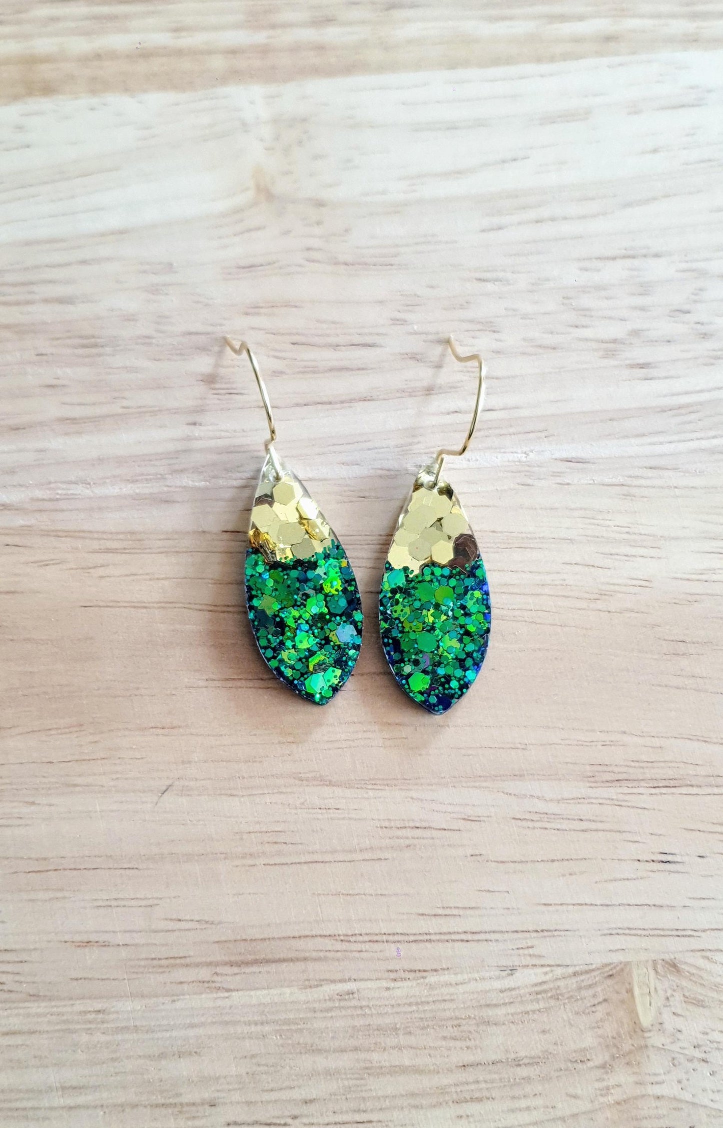 Teardrop Hook Earwire Dangle Gold Earrings, Emerald Green to Blue Chainging Colours eith Gold Glitter, Stainless Steel Statement Earrings.