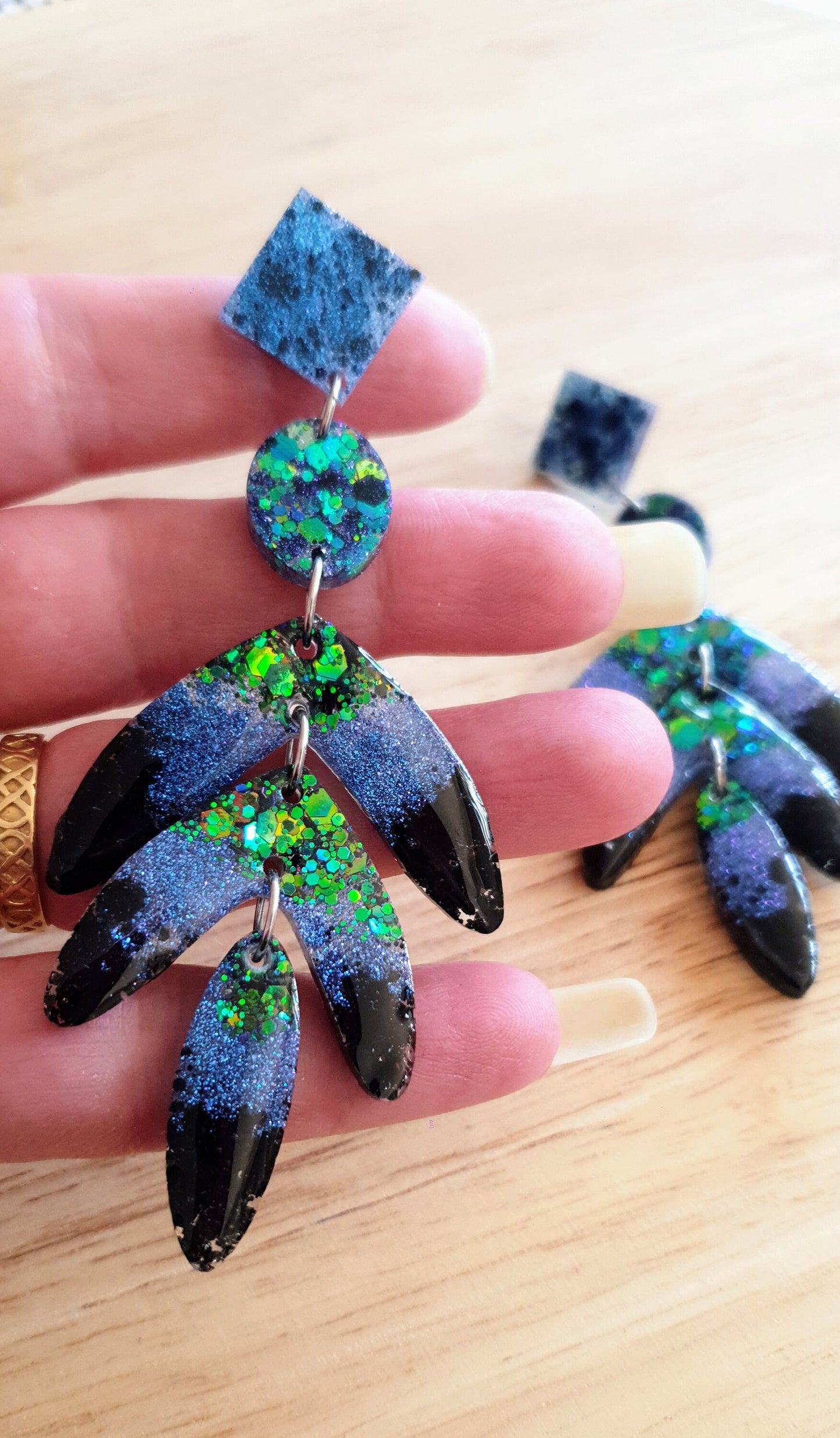 Oversized Leaves Dangle Drop Earrings, Purple Blue Green Black Glitter Resin Chandelier Dangles, Statement Chunky Earrings, Stainless Steel