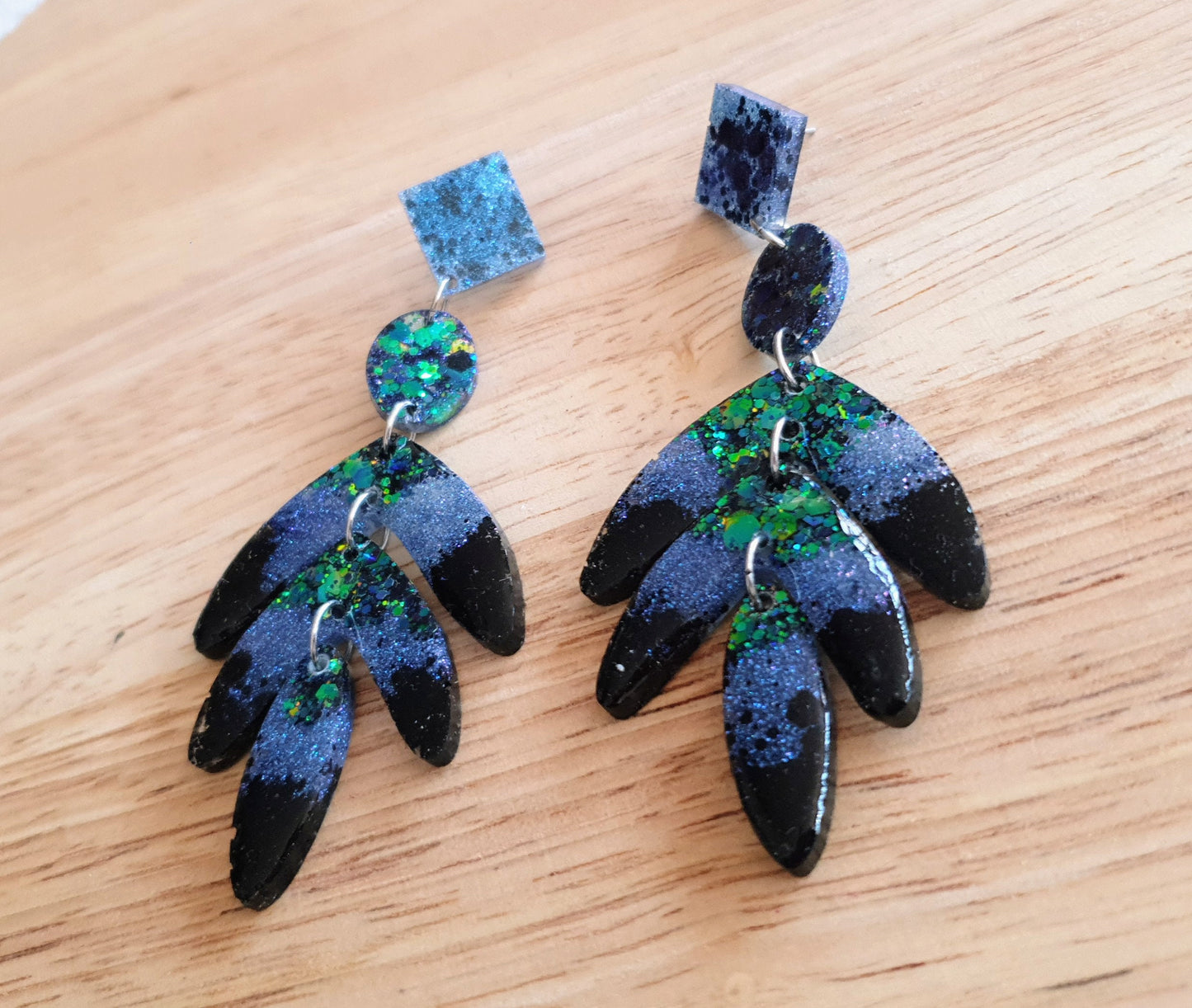 Oversized Leaves Dangle Drop Earrings, Purple Blue Green Black Glitter Resin Chandelier Dangles, Statement Chunky Earrings, Stainless Steel