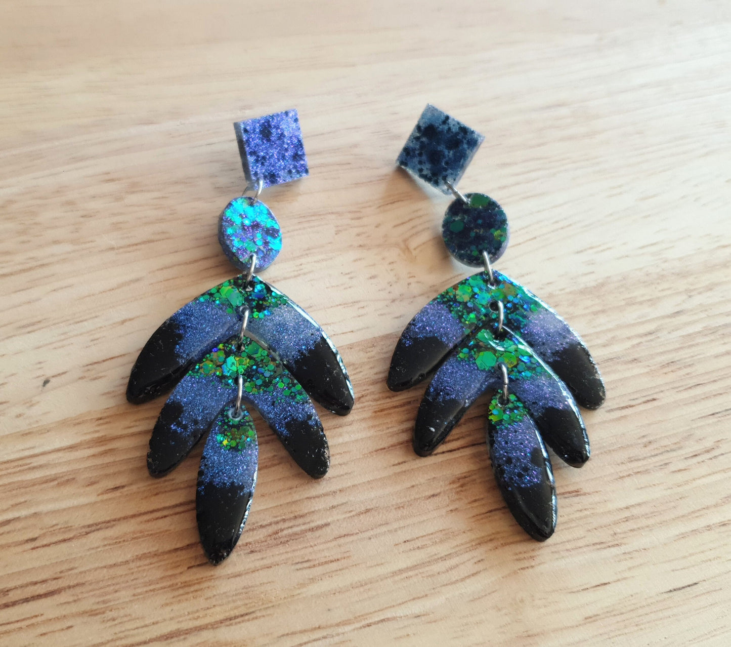 Oversized Leaves Dangle Drop Earrings, Purple Blue Green Black Glitter Resin Chandelier Dangles, Statement Chunky Earrings, Stainless Steel