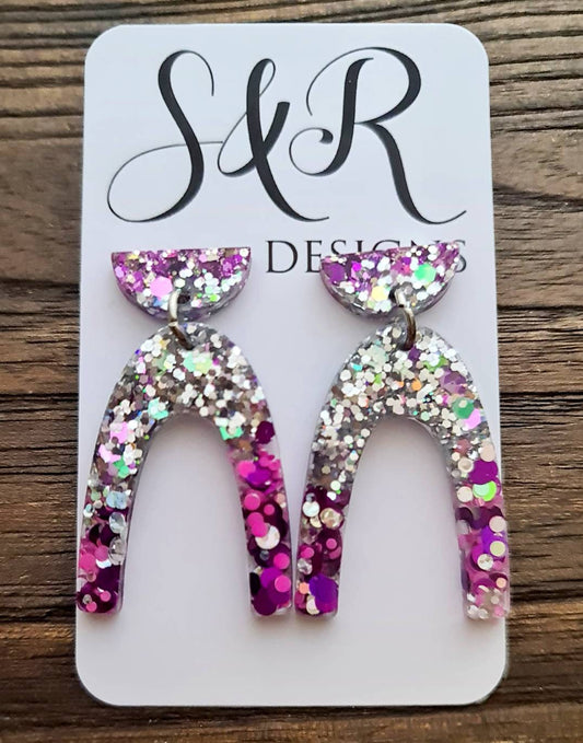 U Shape Dangle Earrings, Hot Pink, Purple, Holographic Glitter Earrings, Resin Dangle Earrings, Stainless Steel Earrings, Statement Earrings