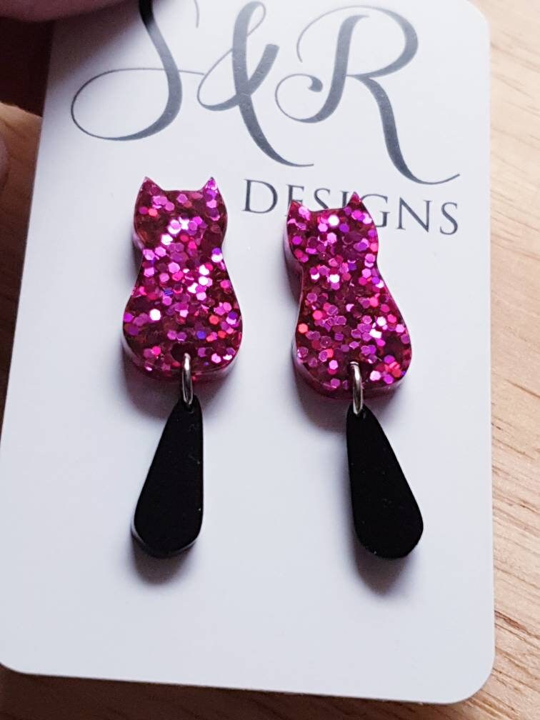 Pink Cat with Black Tail Long Dangle Earrings, Hot Pink Holographic Glitter Resin Earrings, Cat Earrings with Stainless Steel.