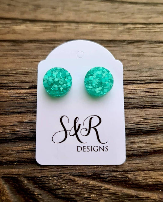 Circle Dot Resin Stud Earrings, Mint Glitter Earrings. Stainless Steel Stud Earrings. 12mm, 10mm or 8mm