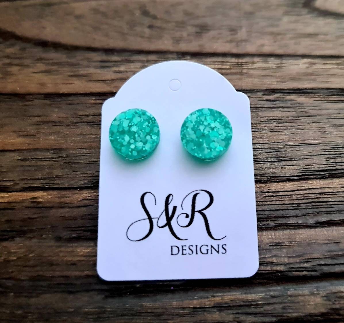 Circle Dot Resin Stud Earrings, Mint Glitter Earrings. Stainless Steel Stud Earrings. 12mm, 10mm or 8mm