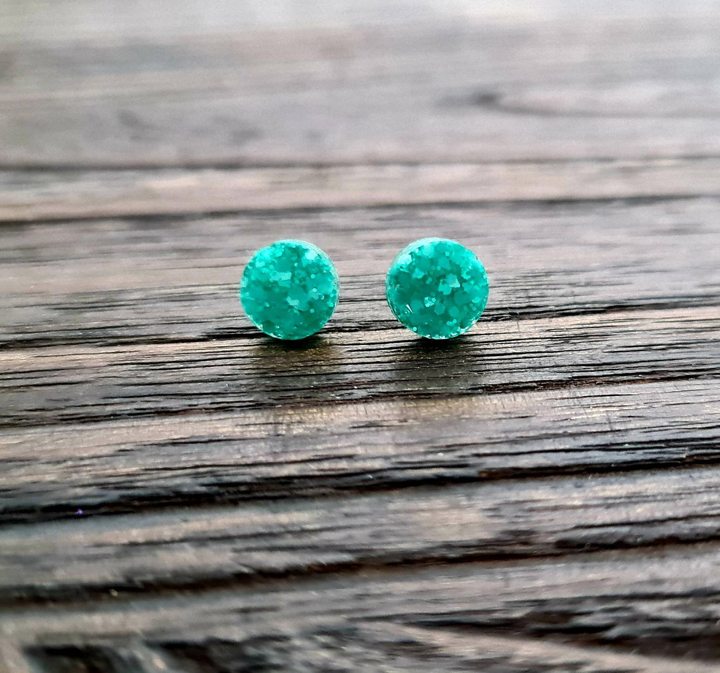 Circle Dot Resin Stud Earrings, Mint Glitter Earrings. Stainless Steel Stud Earrings. 12mm, 10mm or 8mm