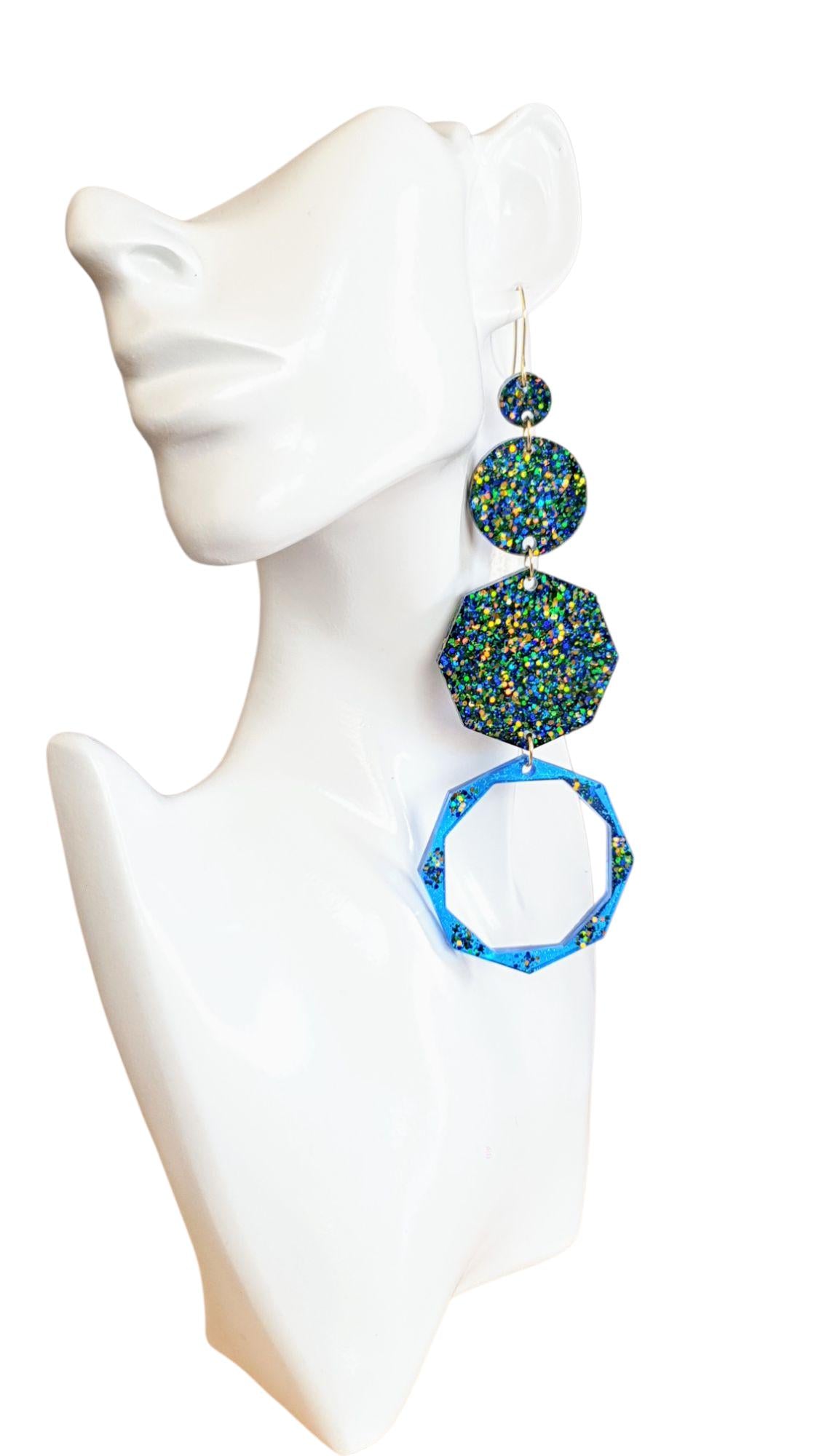 Luxury Long Resin Earrings, Hypoallergenic Stainless Steel Hooks, Glitter Geometric Statement Earrings, Bold Oversized Lightweight Jewellery