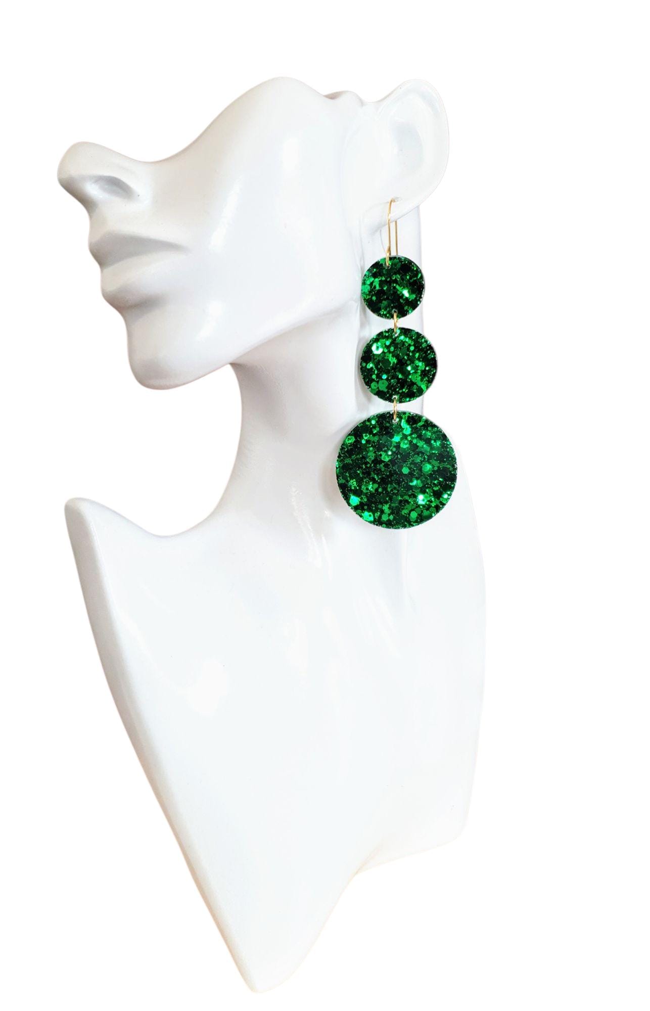 Emerald Green Circle Long Resin Earrings, Statement Emerald Green Glitter Earrings, Bridal Earrings, Stainless Steel Earrings.