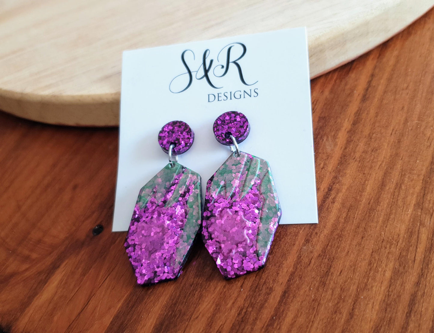 Purple Flower Bloom Drop Dangle Earrings, Purple Pink and Green Glitter, Resin Handmade, Stainless Steel. Nature Lover Gift