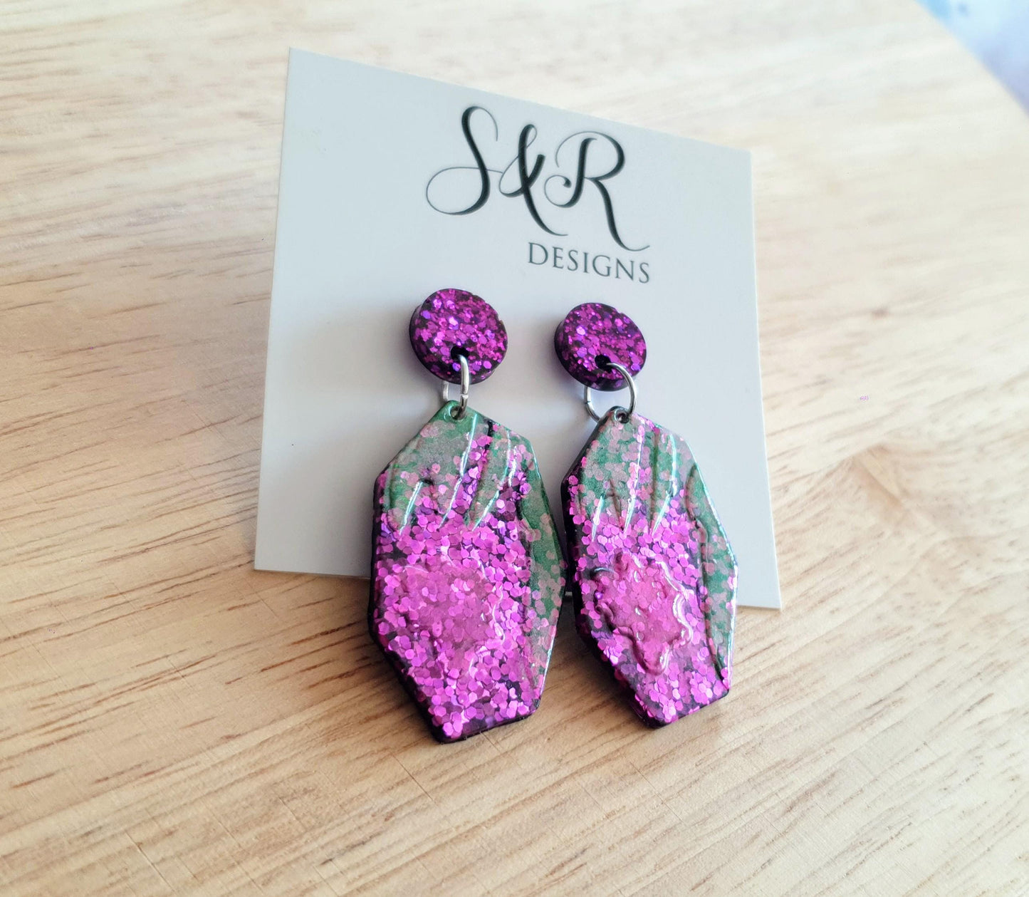 Purple Flower Bloom Drop Dangle Earrings, Purple Pink and Green Glitter, Resin Handmade, Stainless Steel. Nature Lover Gift