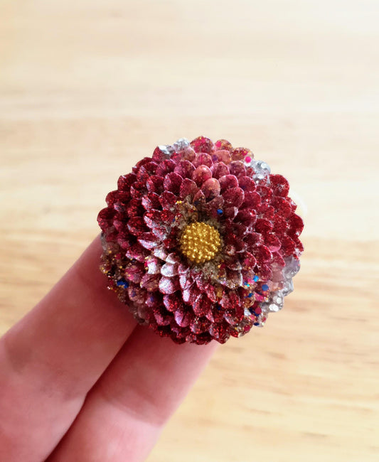 Chrysanthemum Flower Pin Brooch, Red Silver Gold Mix Flower Brooch with Stainless Steel Pin, Handmade Resin Brooch