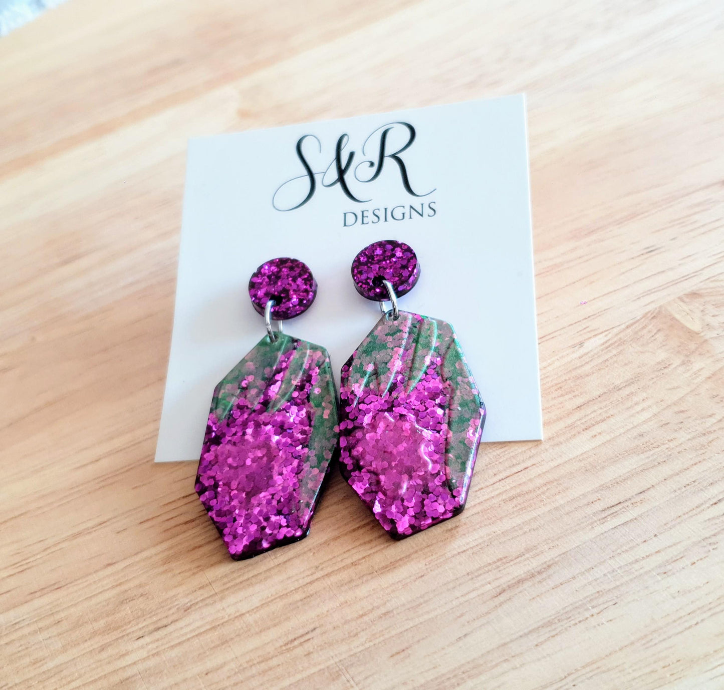 Purple Flower Bloom Drop Dangle Earrings, Purple Pink and Green Glitter, Resin Handmade, Stainless Steel. Nature Lover Gift