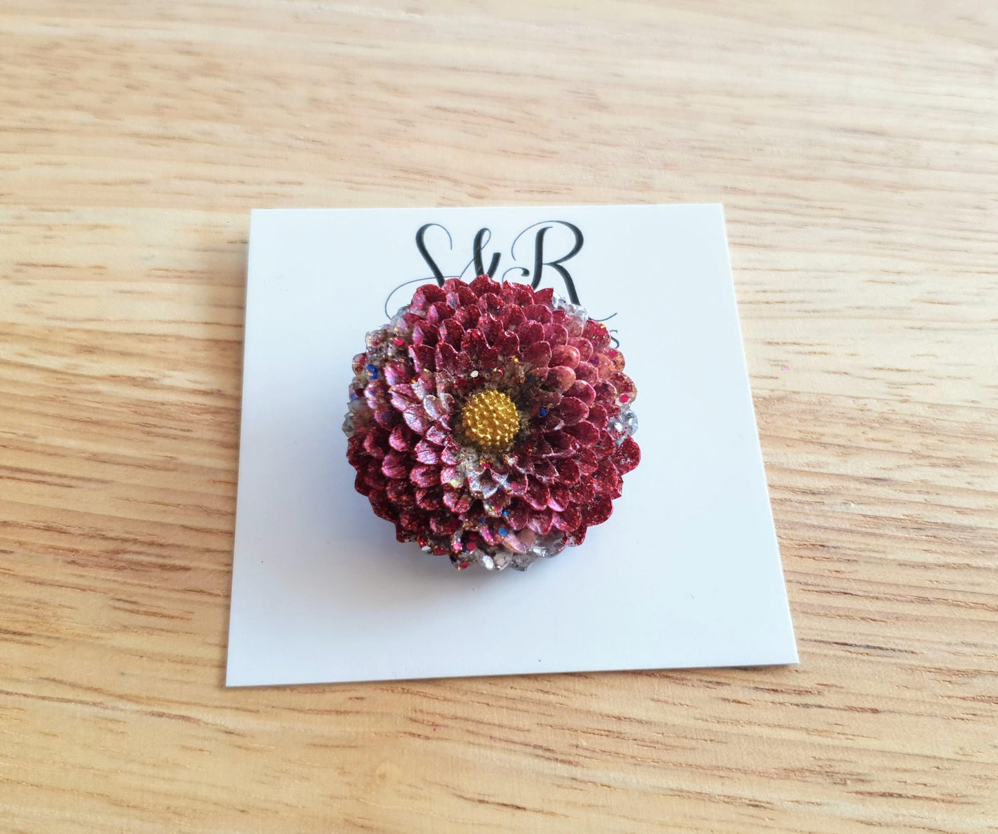 Chrysanthemum Flower Pin Brooch, Red Silver Gold Mix Flower Brooch with Stainless Steel Pin, Handmade Resin Brooch