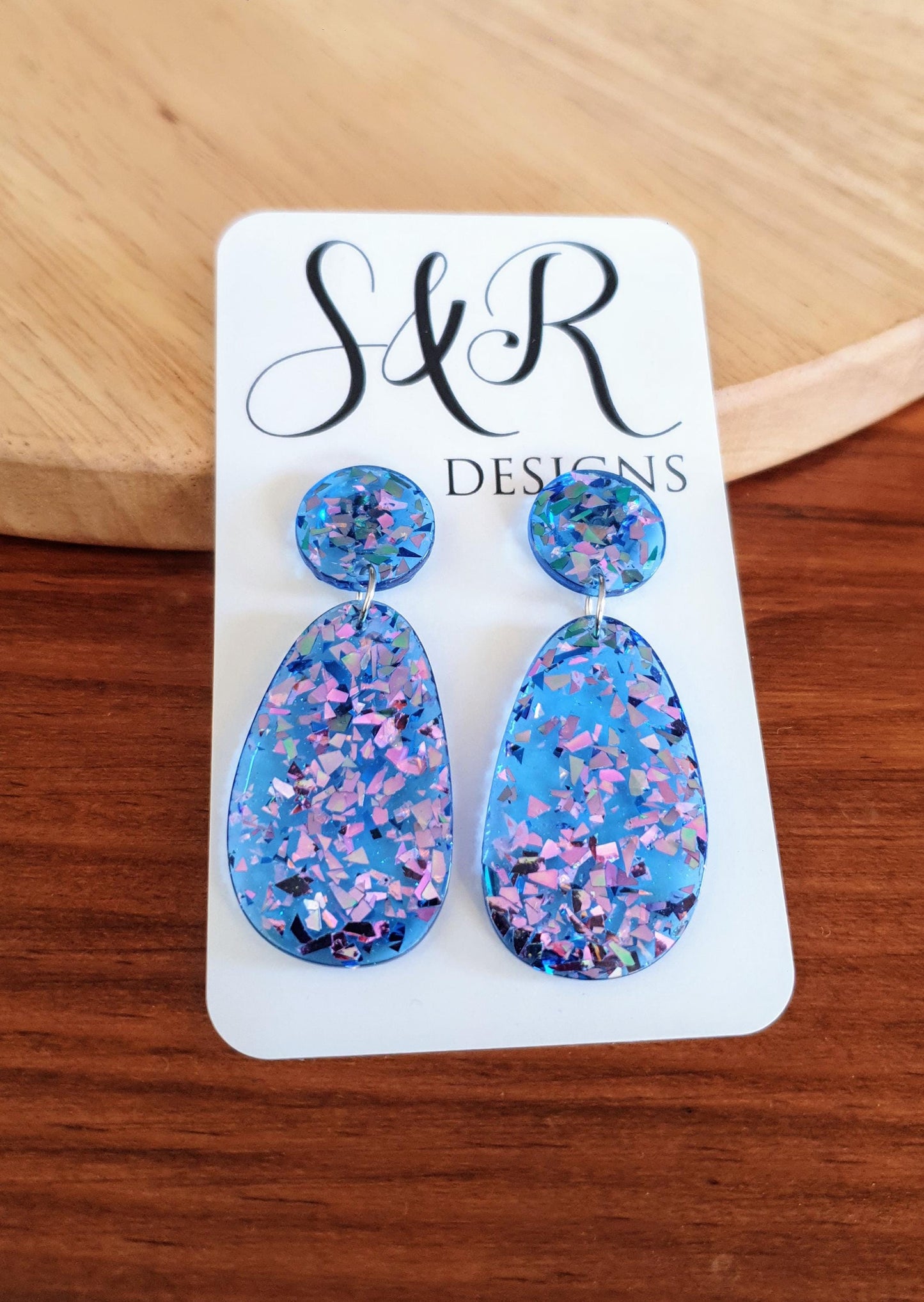 Oval Organic Shape Drop Glitter Earrings, Blue Pink Metalic Glitter, Resin Handmade, Stainless Steel. Statement Gift