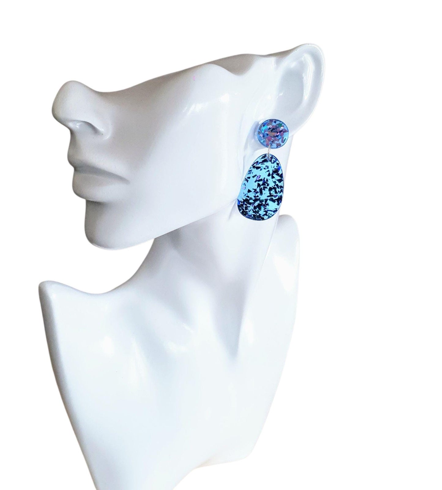 Oval Organic Shape Drop Glitter Earrings, Blue Pink Metalic Glitter, Resin Handmade, Stainless Steel. Statement Gift