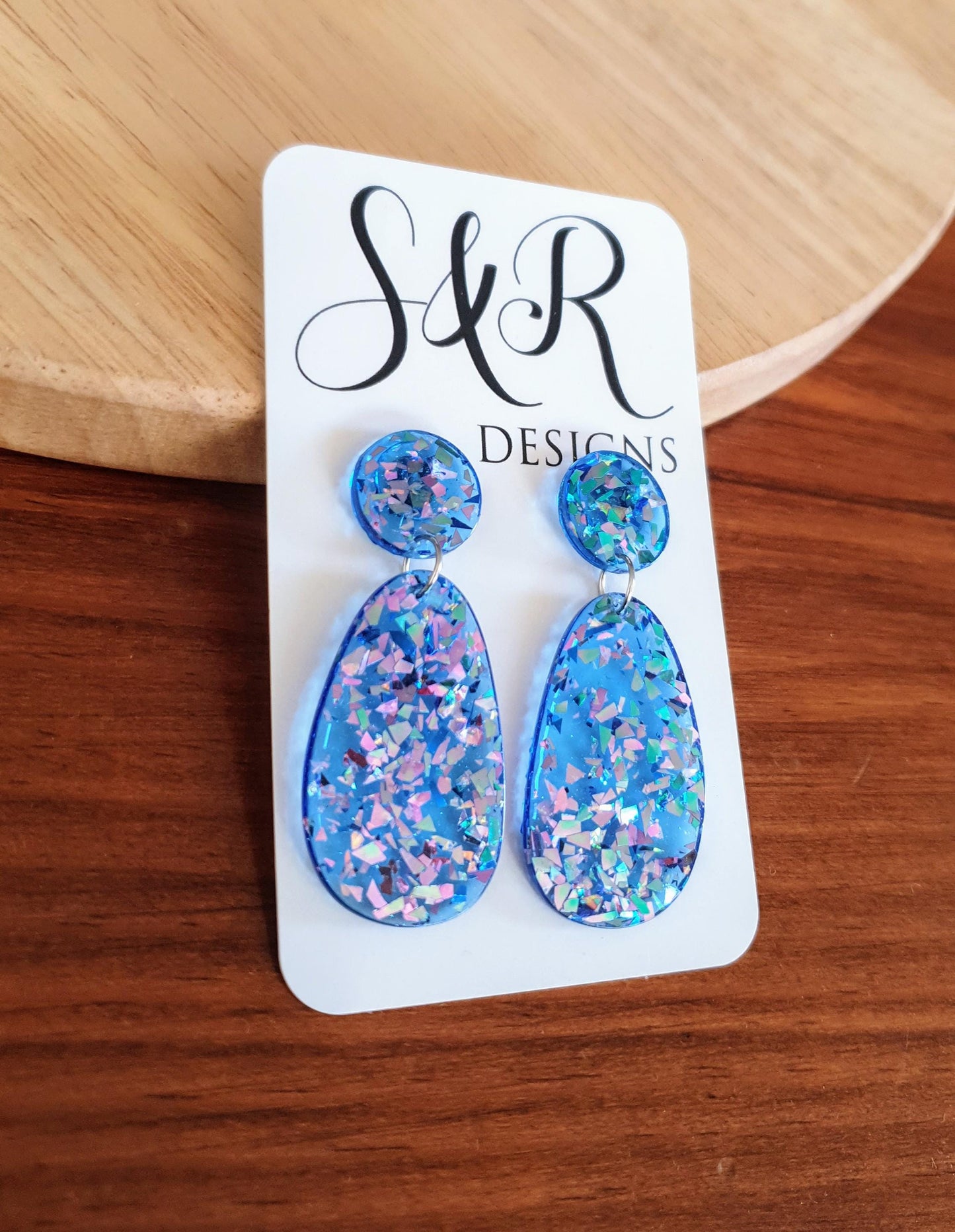 Oval Organic Shape Drop Glitter Earrings, Blue Pink Metalic Glitter, Resin Handmade, Stainless Steel. Statement Gift