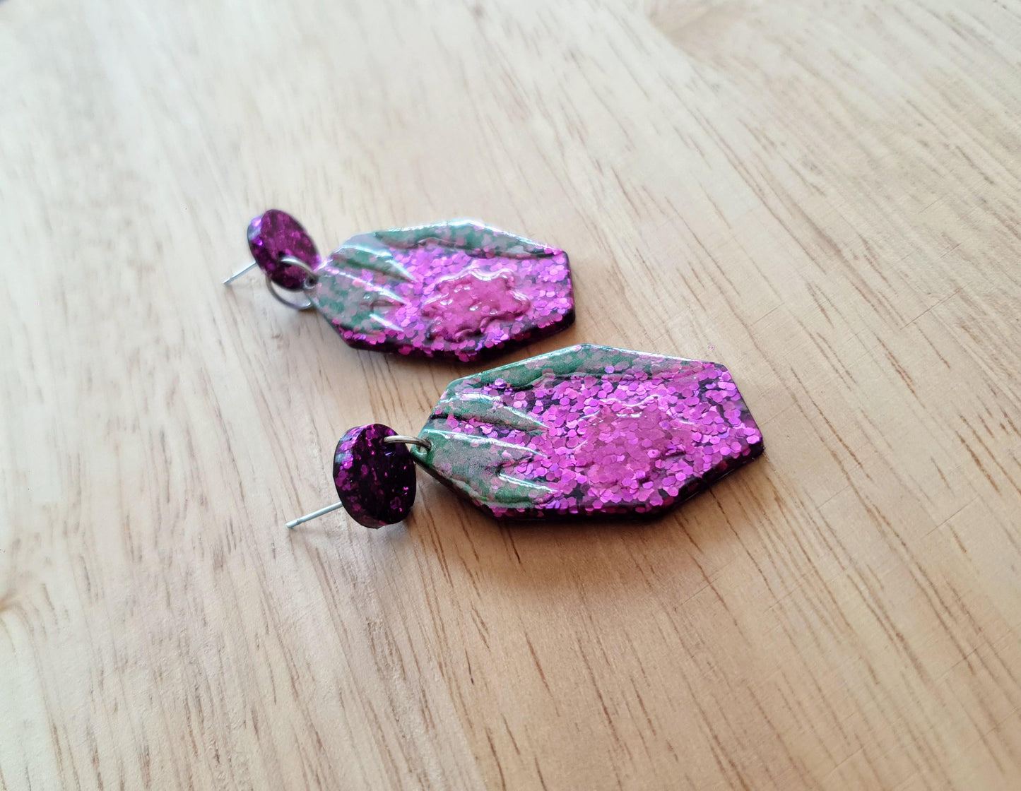 Purple Flower Bloom Drop Dangle Earrings, Purple Pink and Green Glitter, Resin Handmade, Stainless Steel. Nature Lover Gift