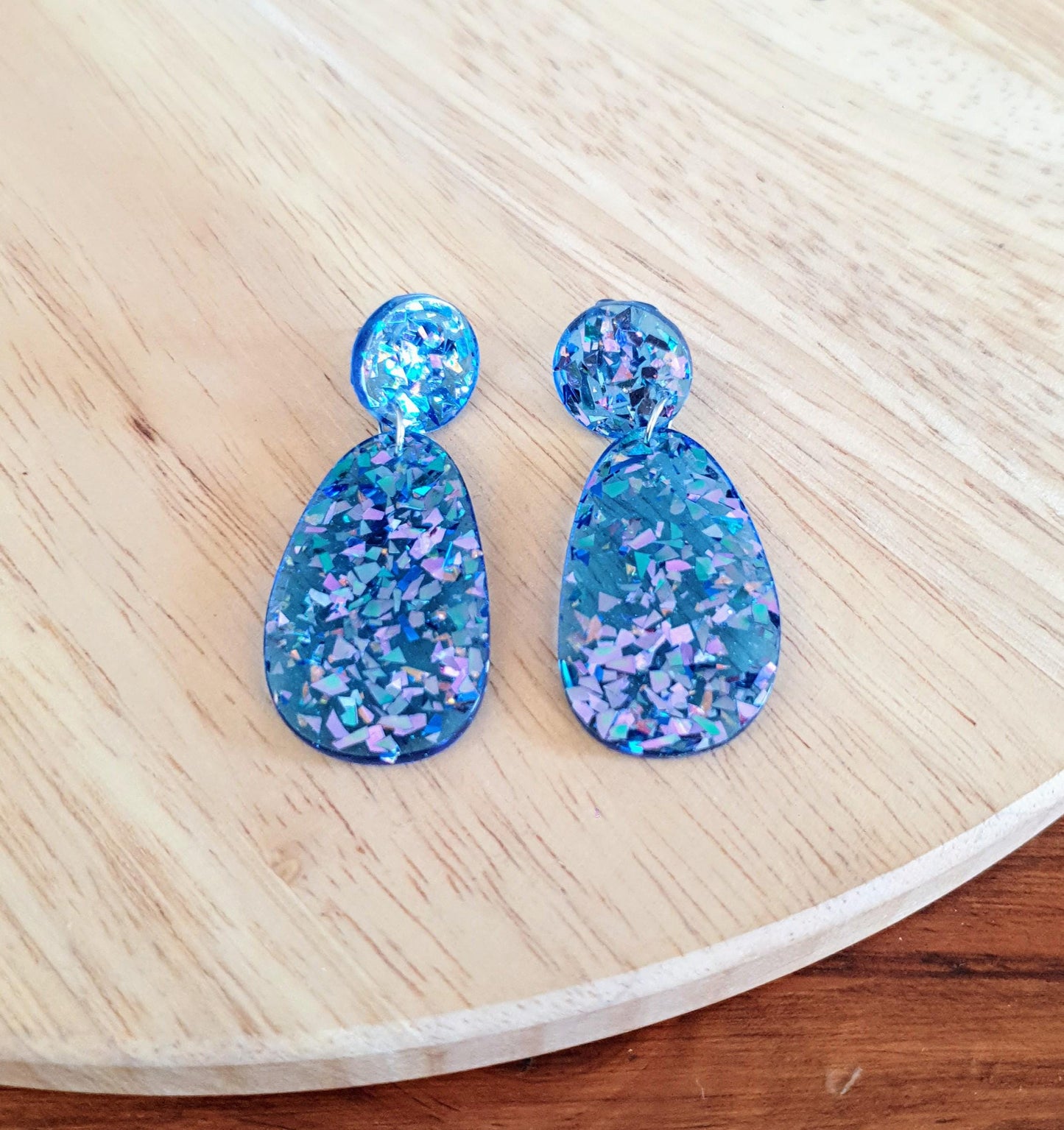 Oval Organic Shape Drop Glitter Earrings, Blue Pink Metalic Glitter, Resin Handmade, Stainless Steel. Statement Gift