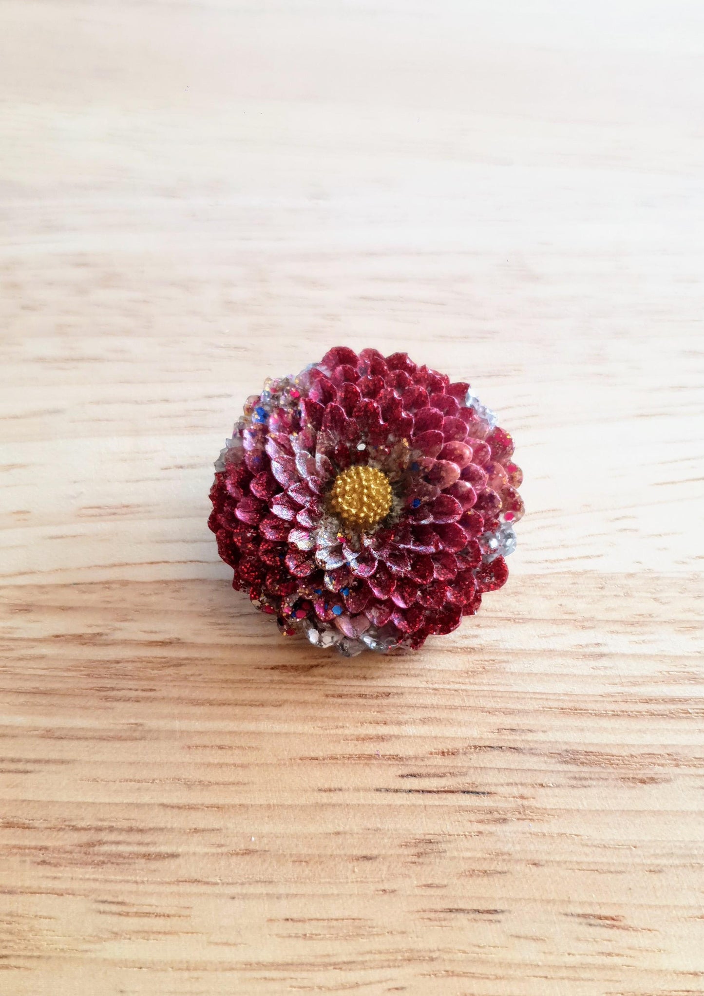 Chrysanthemum Flower Pin Brooch, Red Silver Gold Mix Flower Brooch with Stainless Steel Pin, Handmade Resin Brooch