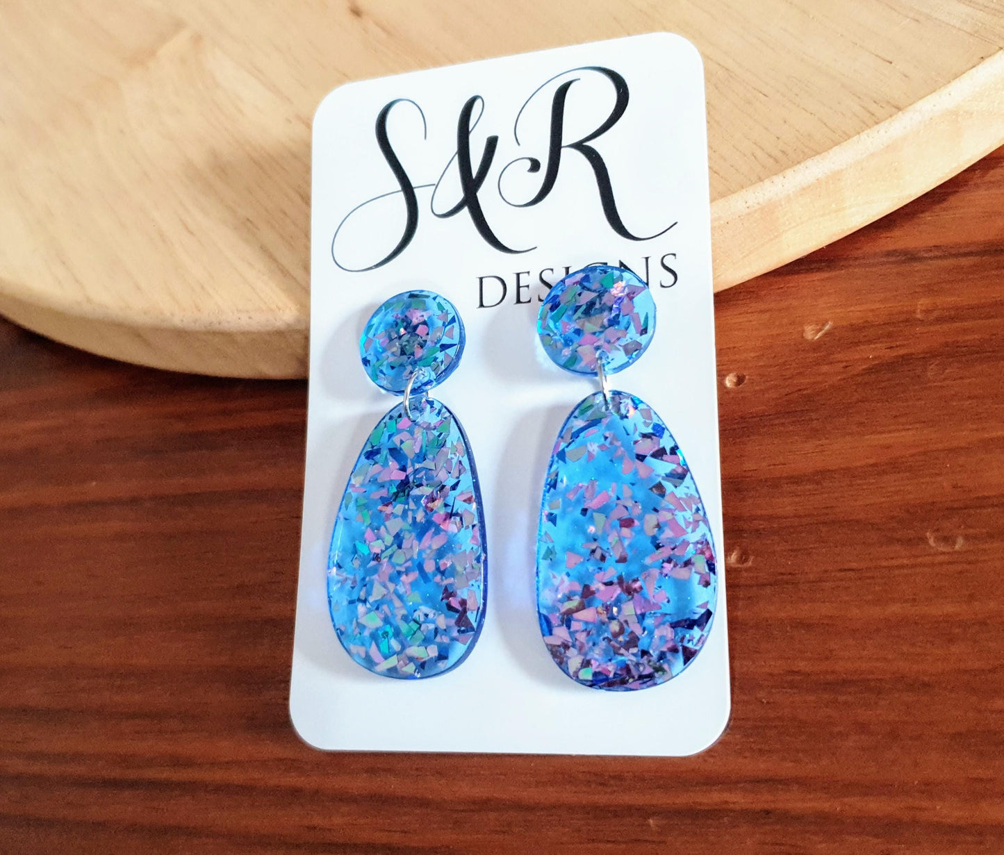 Oval Organic Shape Drop Glitter Earrings, Blue Pink Metalic Glitter, Resin Handmade, Stainless Steel. Statement Gift