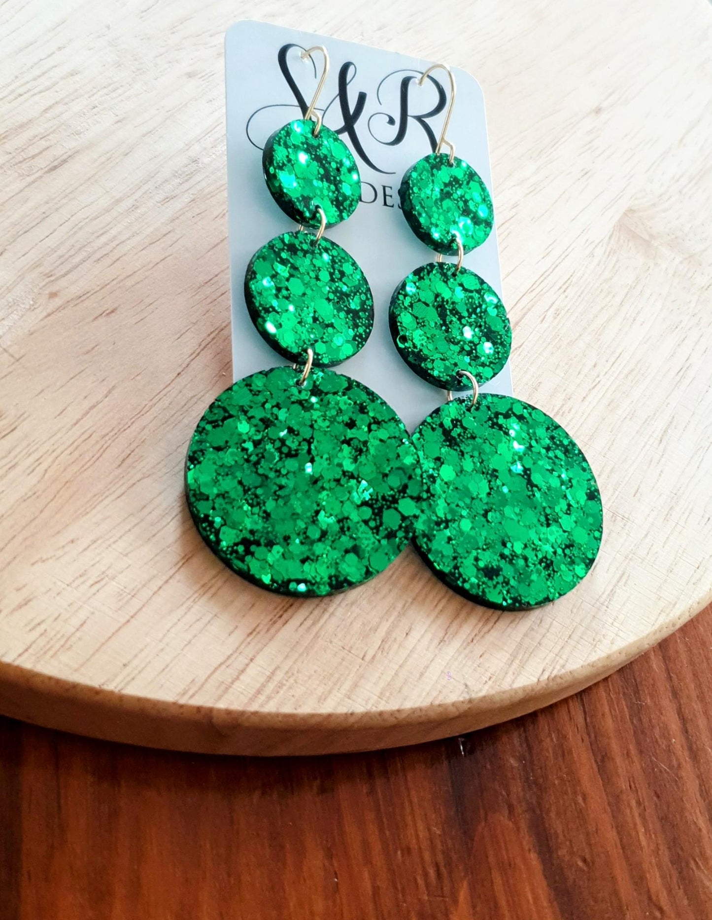 Emerald Green Circle Long Resin Earrings, Statement Emerald Green Glitter Earrings, Bridal Earrings, Stainless Steel Earrings.