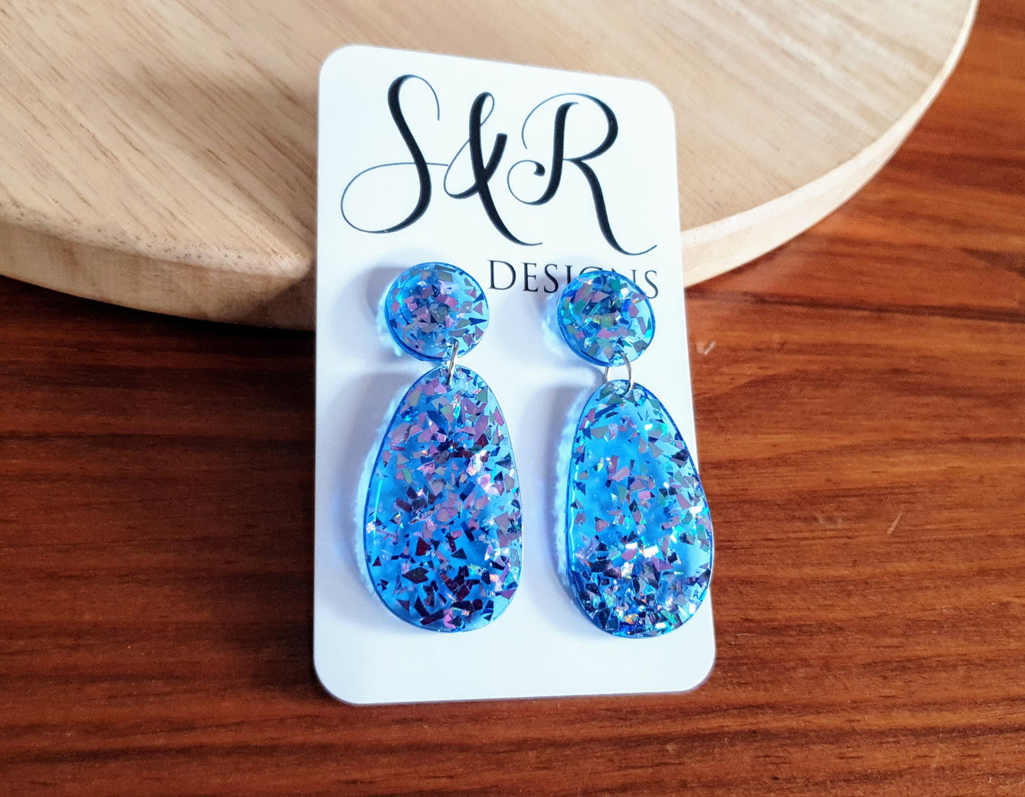 Oval Organic Shape Drop Glitter Earrings, Blue Pink Metalic Glitter, Resin Handmade, Stainless Steel. Statement Gift