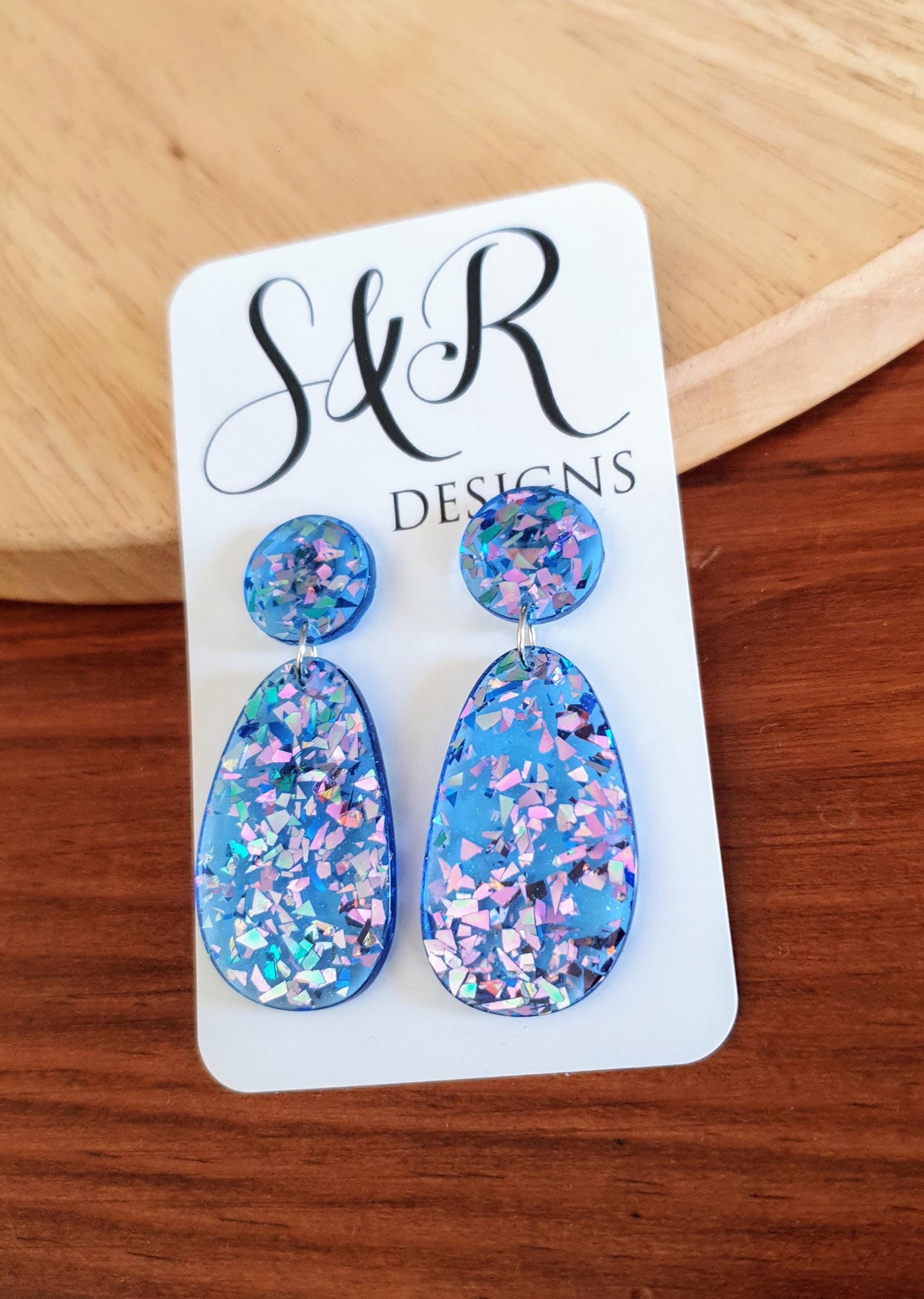 Oval Organic Shape Drop Glitter Earrings, Blue Pink Metalic Glitter, Resin Handmade, Stainless Steel. Statement Gift