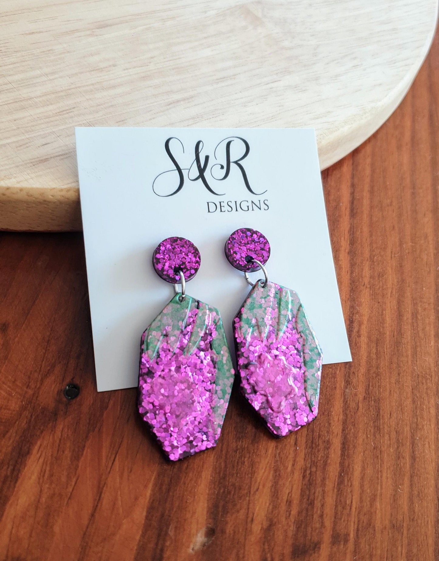 Purple Flower Bloom Drop Dangle Earrings, Purple Pink and Green Glitter, Resin Handmade, Stainless Steel. Nature Lover Gift