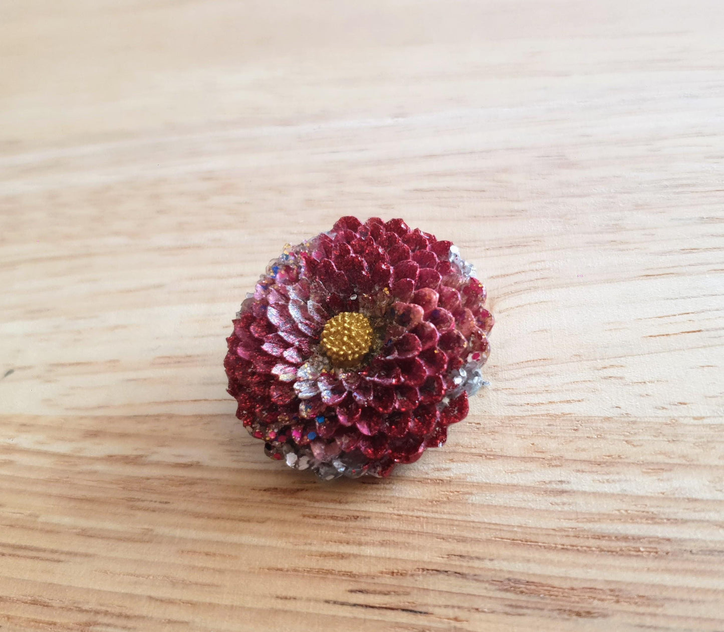 Chrysanthemum Flower Pin Brooch, Red Silver Gold Mix Flower Brooch with Stainless Steel Pin, Handmade Resin Brooch