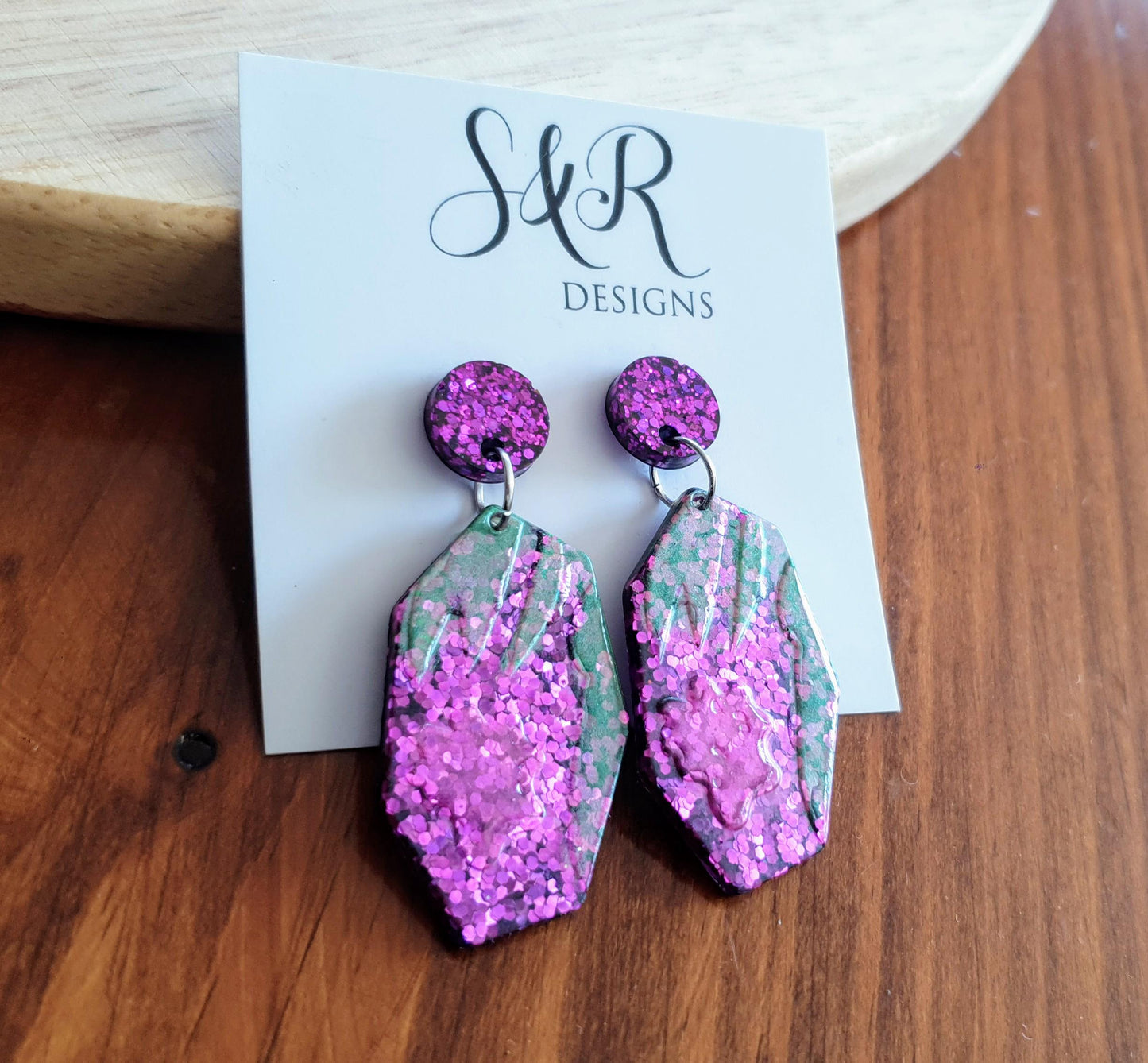 Purple Flower Bloom Drop Dangle Earrings, Purple Pink and Green Glitter, Resin Handmade, Stainless Steel. Nature Lover Gift