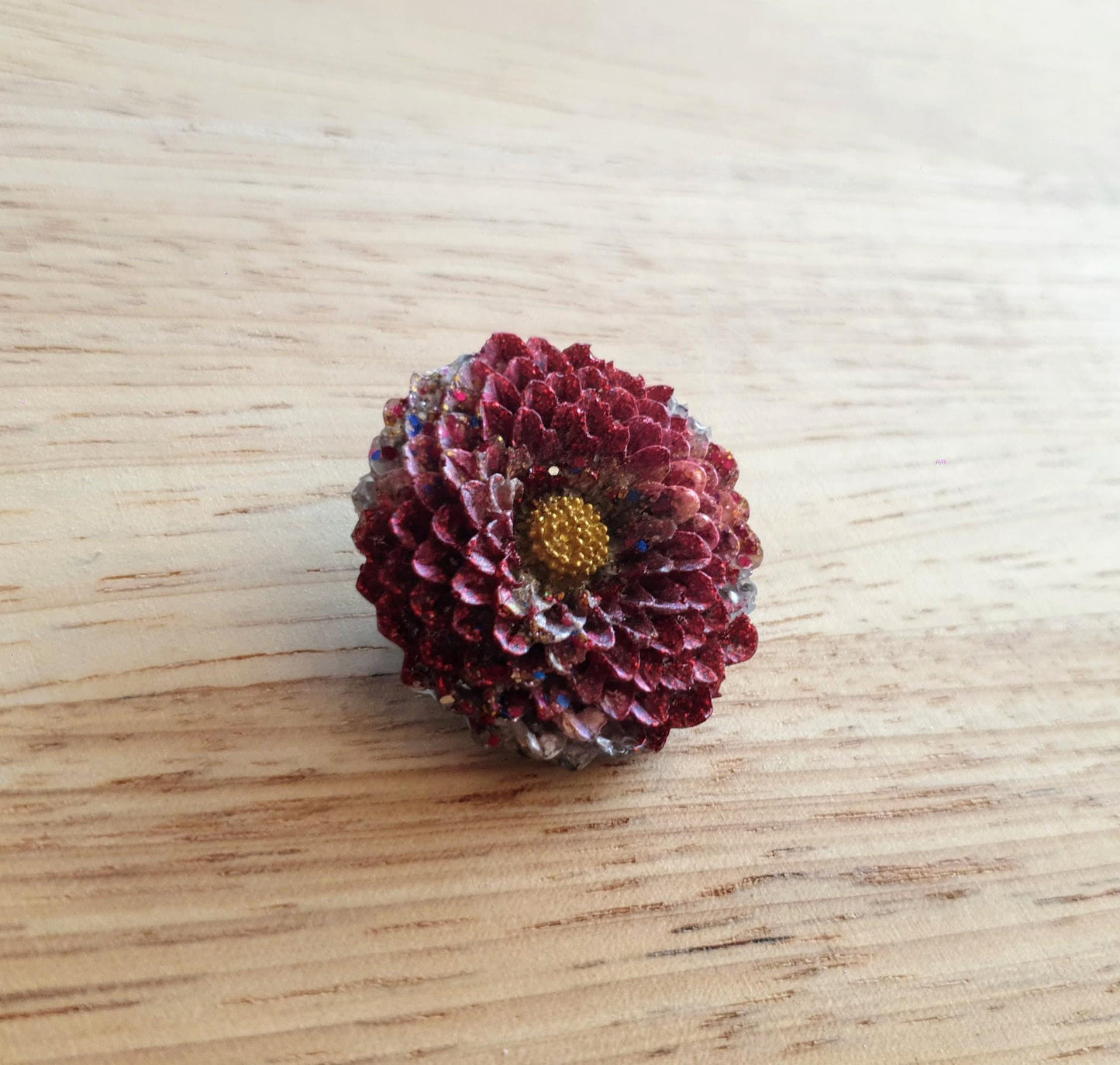 Chrysanthemum Flower Pin Brooch, Red Silver Gold Mix Flower Brooch with Stainless Steel Pin, Handmade Resin Brooch