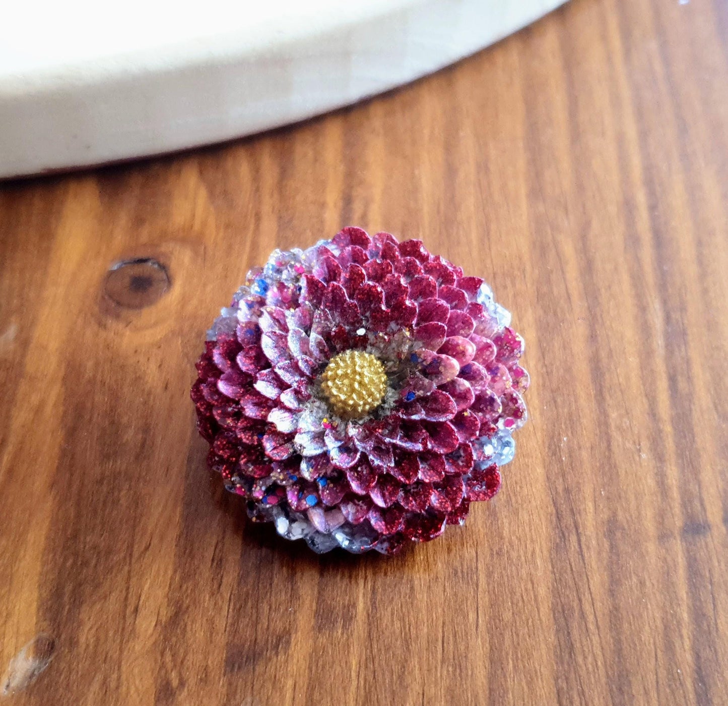 Chrysanthemum Flower Pin Brooch, Red Silver Gold Mix Flower Brooch with Stainless Steel Pin, Handmade Resin Brooch