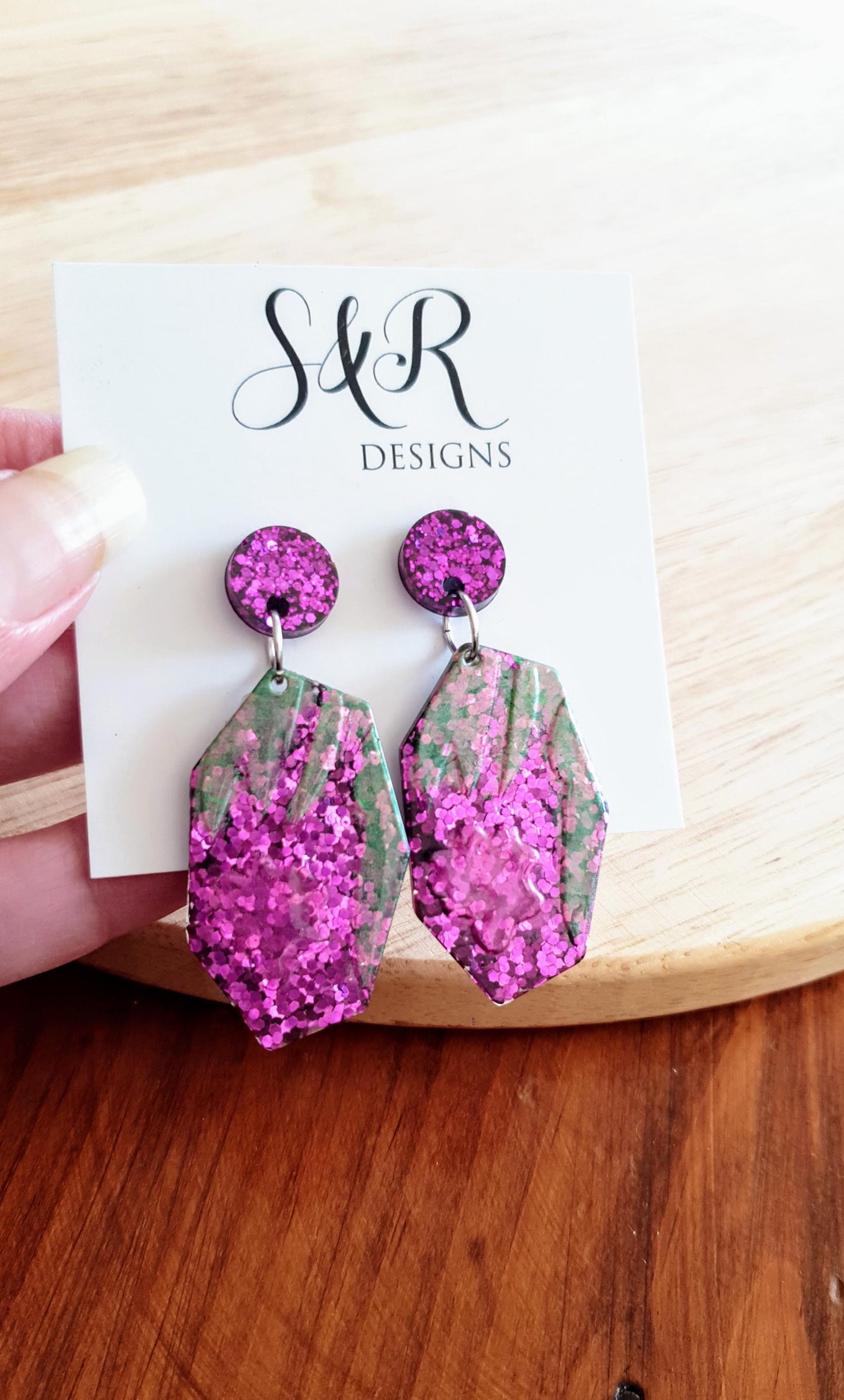 Purple Flower Bloom Drop Dangle Earrings, Purple Pink and Green Glitter, Resin Handmade, Stainless Steel. Nature Lover Gift