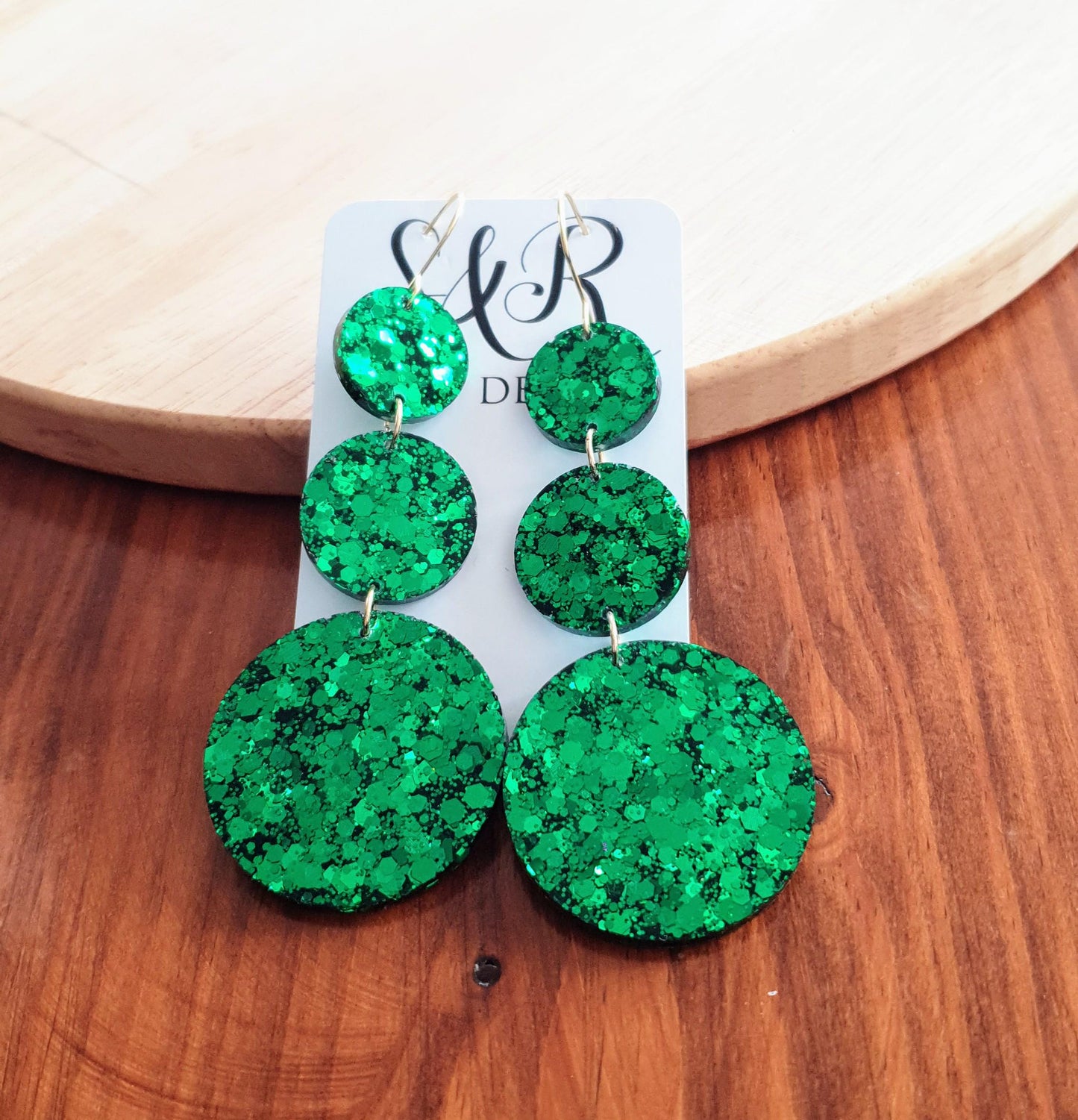Emerald Green Circle Long Resin Earrings, Statement Emerald Green Glitter Earrings, Bridal Earrings, Stainless Steel Earrings.