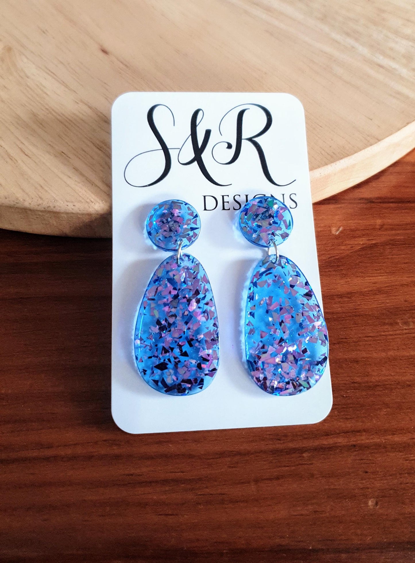 Oval Organic Shape Drop Glitter Earrings, Blue Pink Metalic Glitter, Resin Handmade, Stainless Steel. Statement Gift