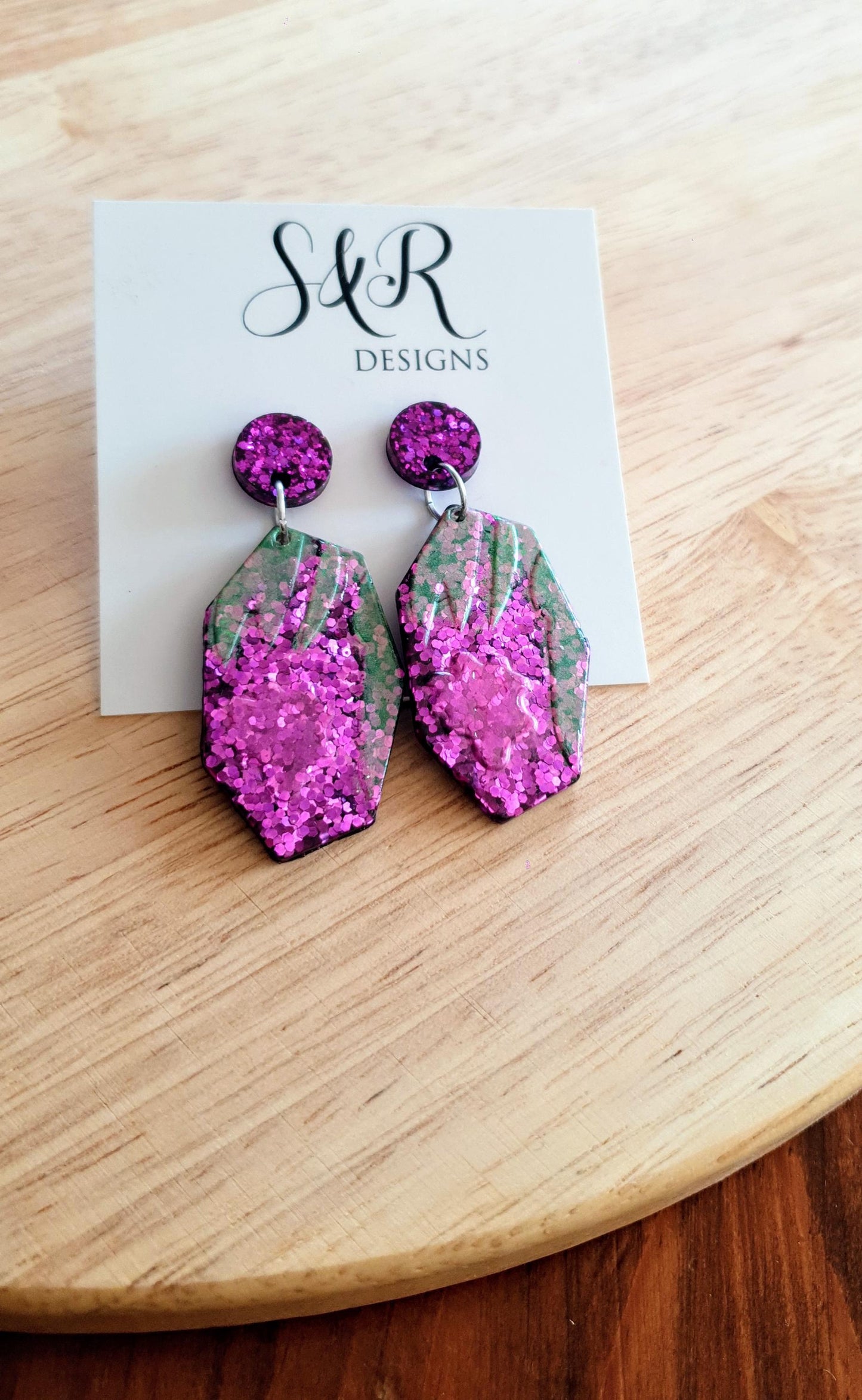 Purple Flower Bloom Drop Dangle Earrings, Purple Pink and Green Glitter, Resin Handmade, Stainless Steel. Nature Lover Gift