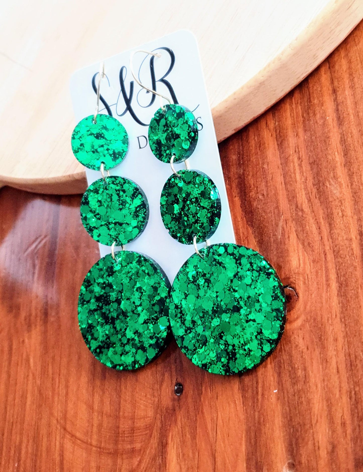 Emerald Green Circle Long Resin Earrings, Statement Emerald Green Glitter Earrings, Bridal Earrings, Stainless Steel Earrings.
