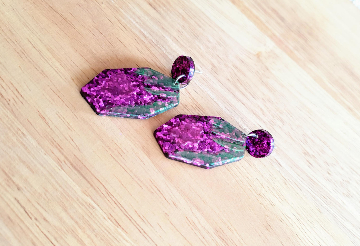 Purple Flower Bloom Drop Dangle Earrings, Purple Pink and Green Glitter, Resin Handmade, Stainless Steel. Nature Lover Gift