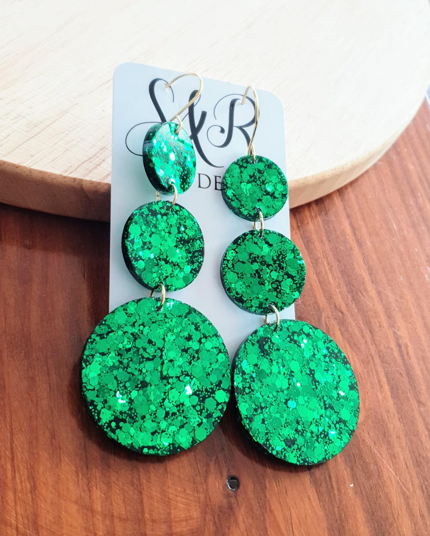 Emerald Green Circle Long Resin Earrings, Statement Emerald Green Glitter Earrings, Bridal Earrings, Stainless Steel Earrings.