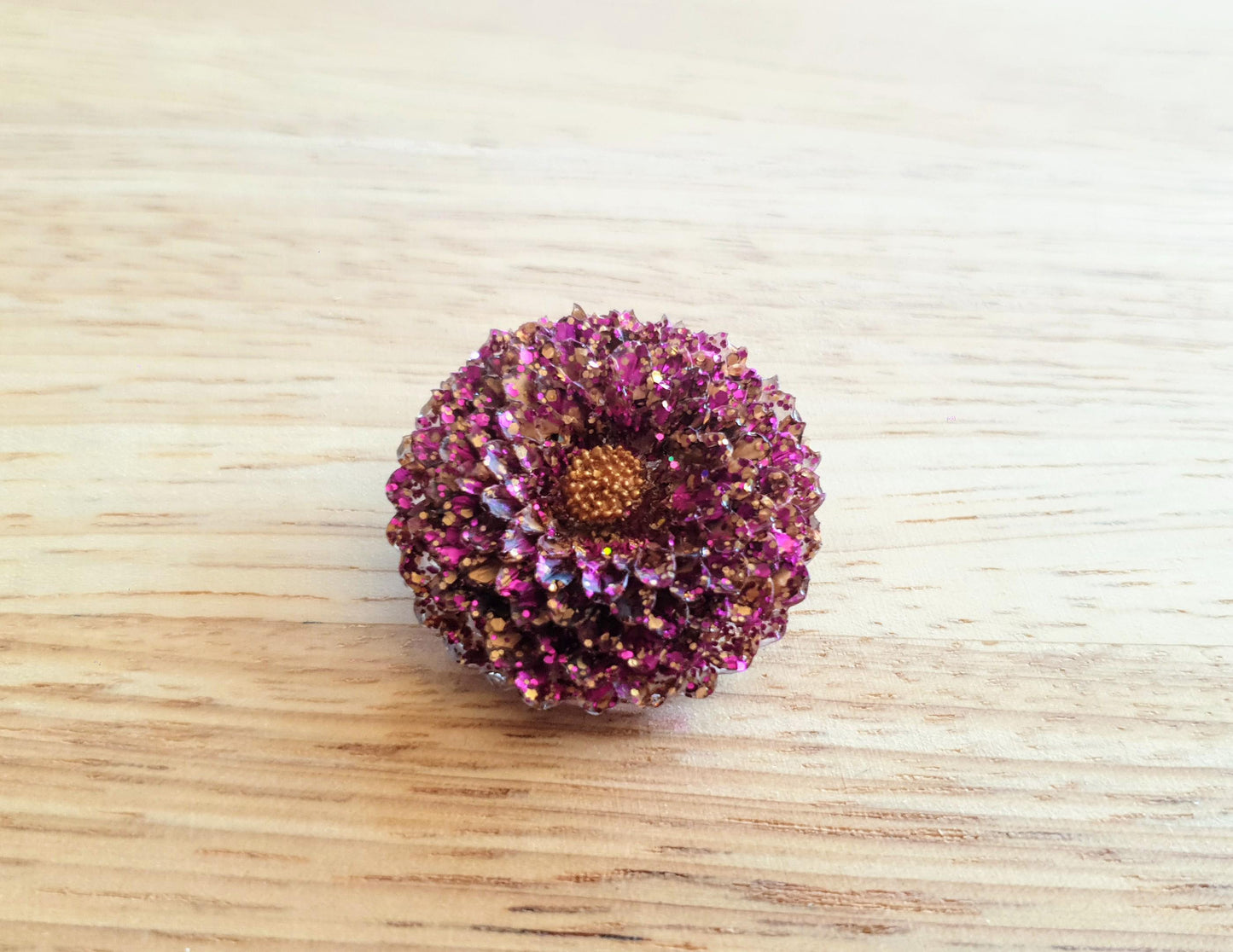 Handmade Resin Chrysanthemum Brooch, Pink & Gold Flower Pin Stainless Steel
