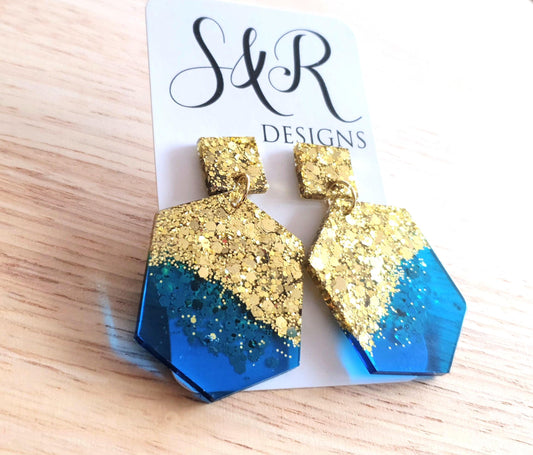 Brilliant Blue Hexagon Square Dangle Gold Drop Earrings, Blue Resin with Gold Glitter Handmade Post Earrings, Statement Jewellery Lover