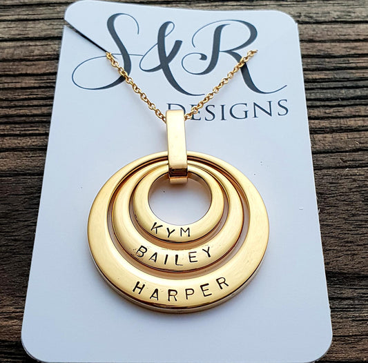 Personalized Necklace, Three Offset Oval Hand Stamped Name Necklace, add names or words Stainless Steel. Choose Gold or Rose Gold